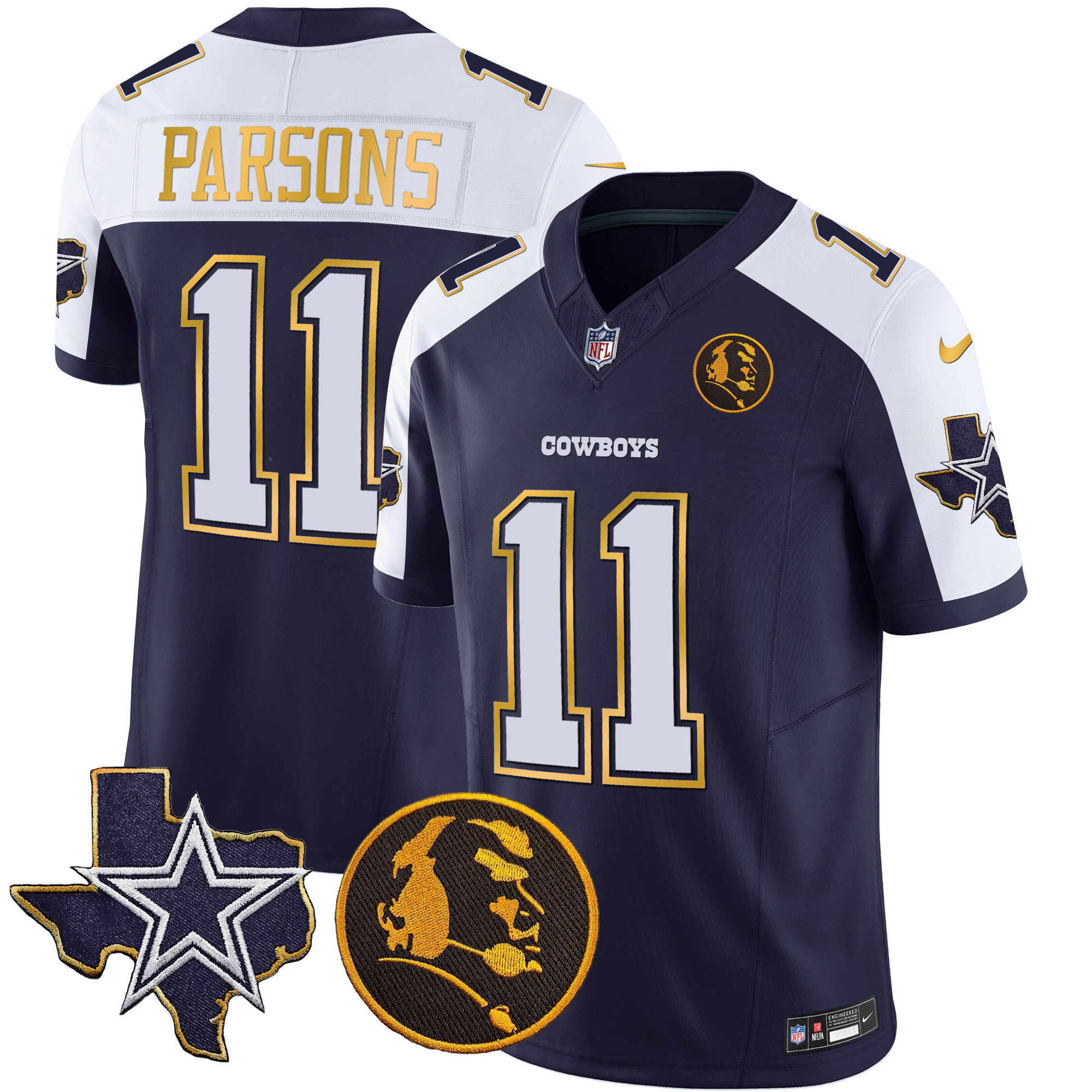 Micah Parsons Men's Dallas Cowboys Texas & John Madden Patch Gold Trim Vapor Navy Alternate Jersey - All Stitched 