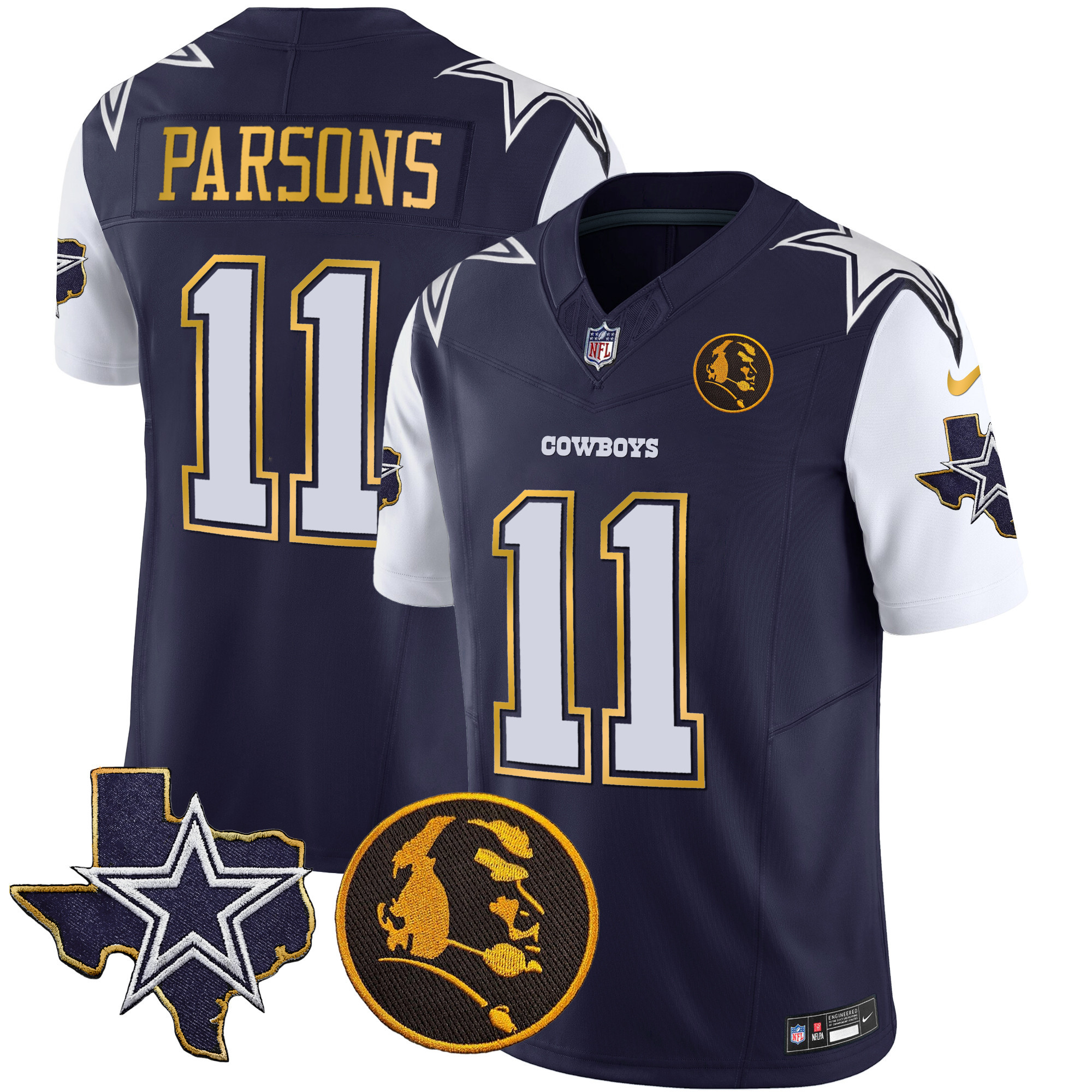 Micah Parsons Men's Dallas Cowboys Texas & John Madden Patch Gold Trim Vapor Navy Jersey - All Stitched 