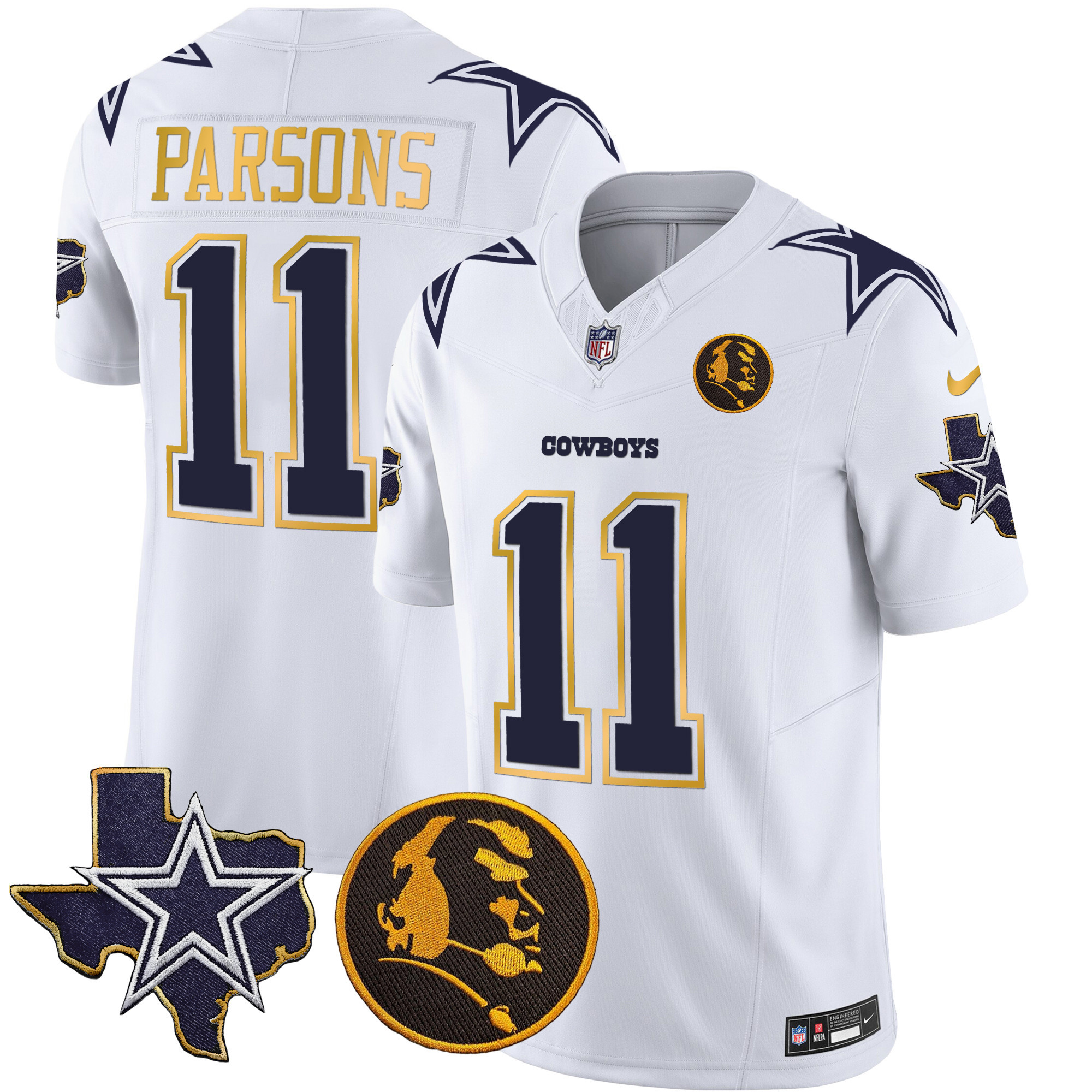 Micah Parsons Men's Dallas Cowboys Texas & John Madden Patch Gold Trim Vapor White Jersey - All Stitched 