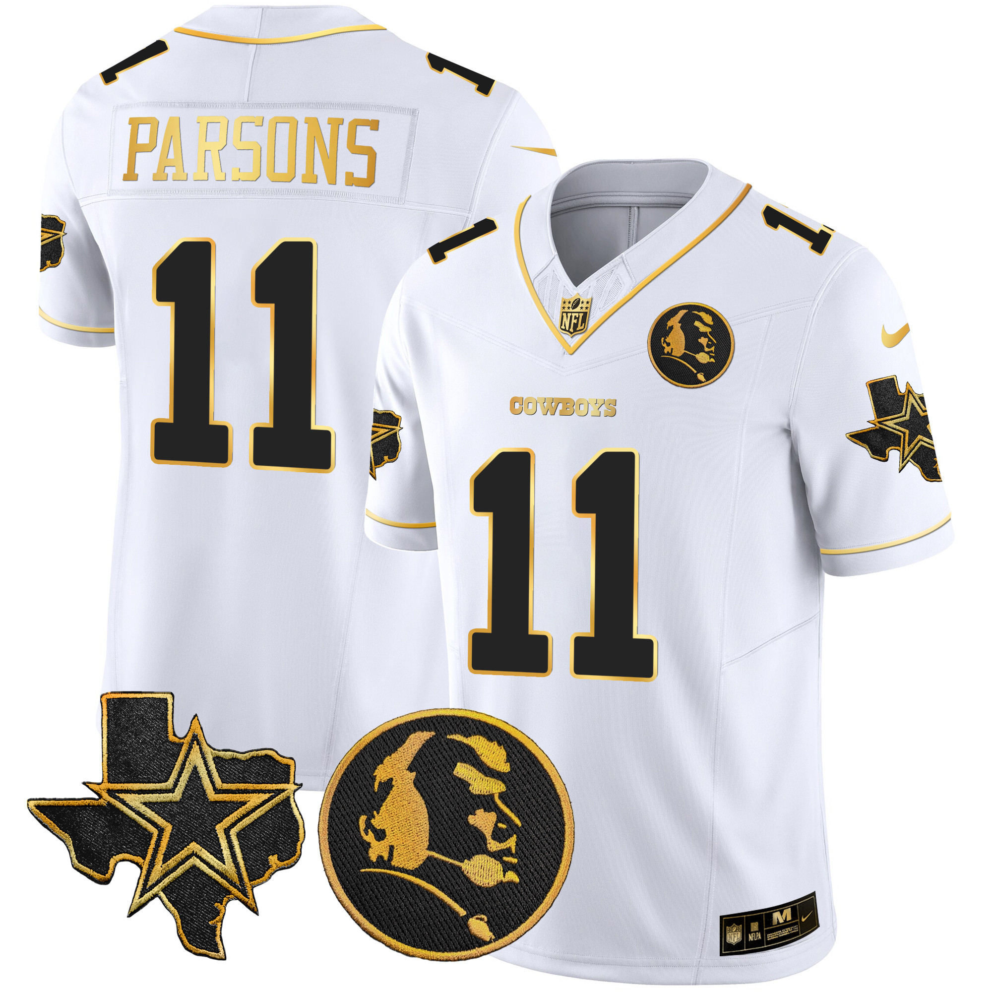 Micah Parsons Men's Dallas Cowboys Texas & John Madden Patch Gold Vapor White Jersey - All Stitched 