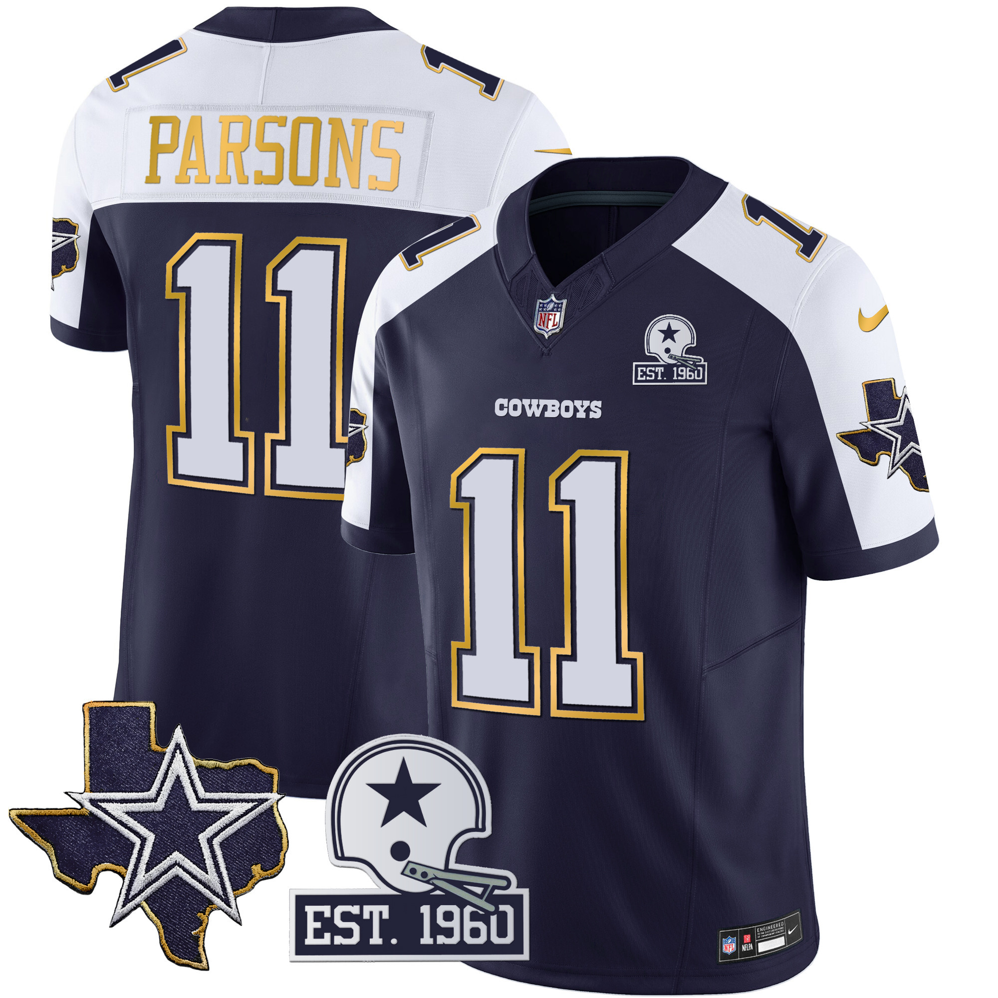 Micah Parsons Men's Dallas Cowboys Texas Patch Gold Trim Vapor Navy Alternate Jersey - All Stitched 