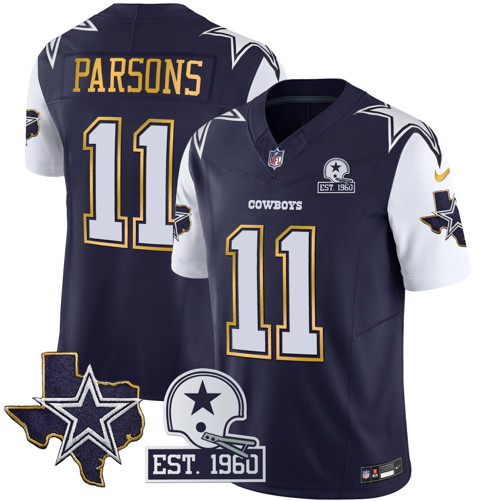 Micah Parsons Men's Dallas Cowboys Texas Patch Gold Trim Vapor Navy Jersey - All Stitched 