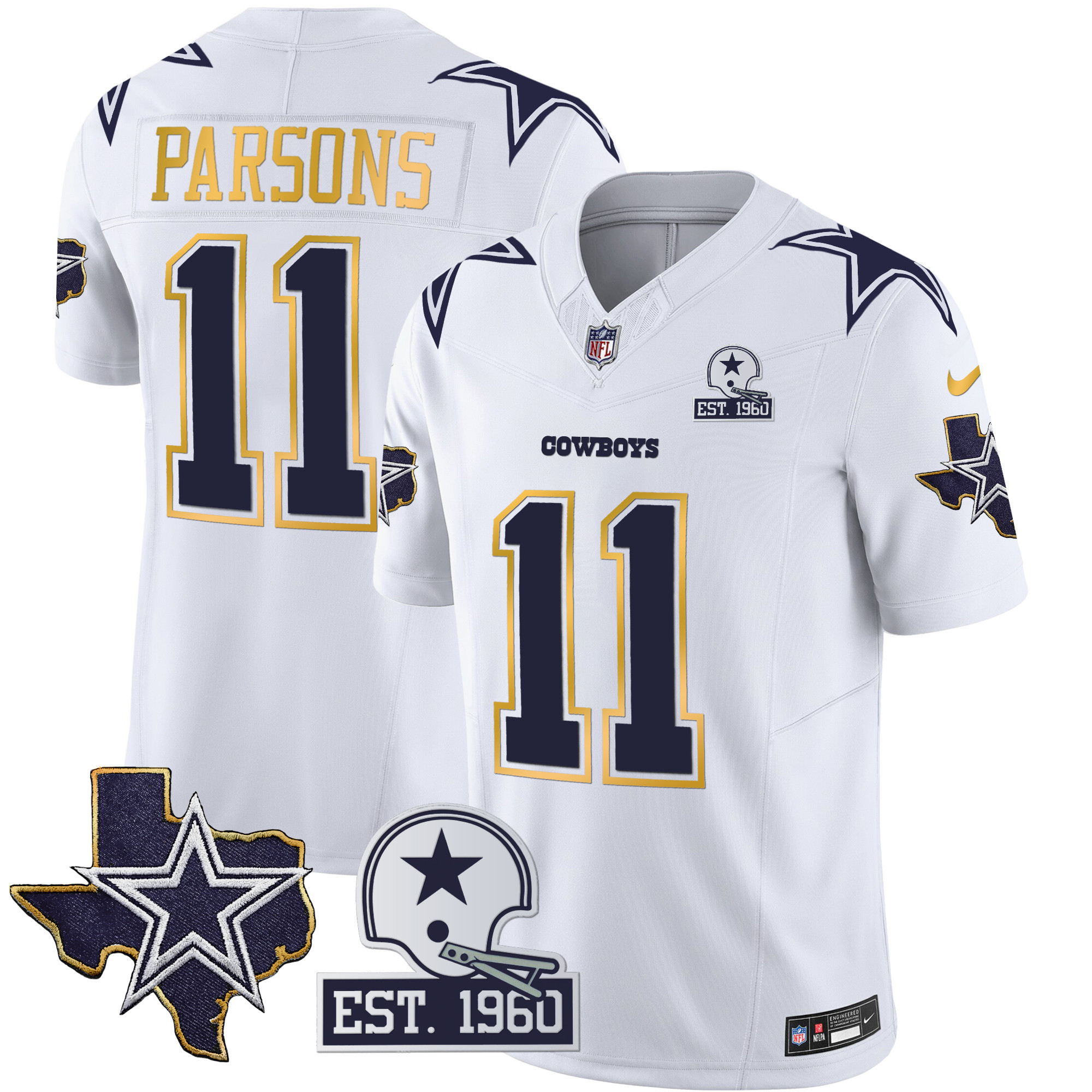 Micah Parsons Men's Dallas Cowboys Texas Patch Gold Trim Vapor White Jersey - All Stitched 