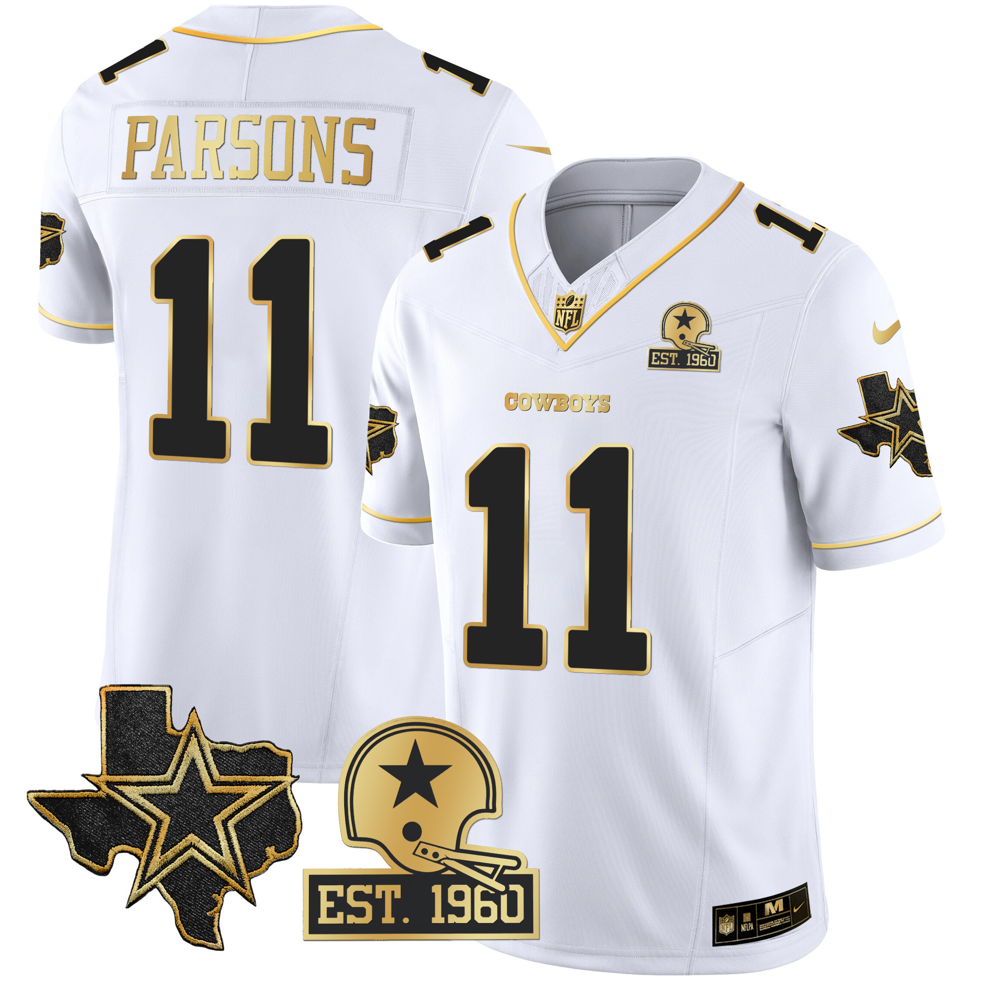 Micah Parsons Men's Dallas Cowboys Texas Patch Gold Vapor White Gold Jersey - All Stitched 