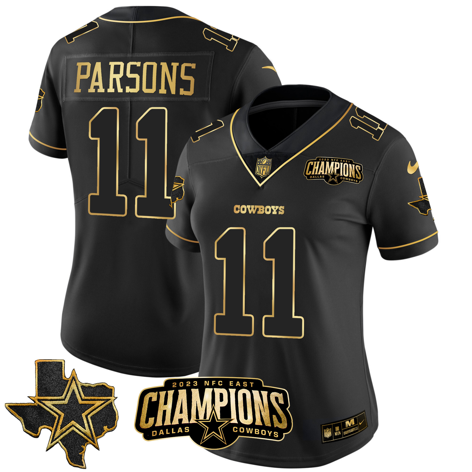 Micah Parsons Women's Dallas Cowboys 2023 NFC East Champions Patch Gold Vapor Black Gold Jersey - All Stitched 