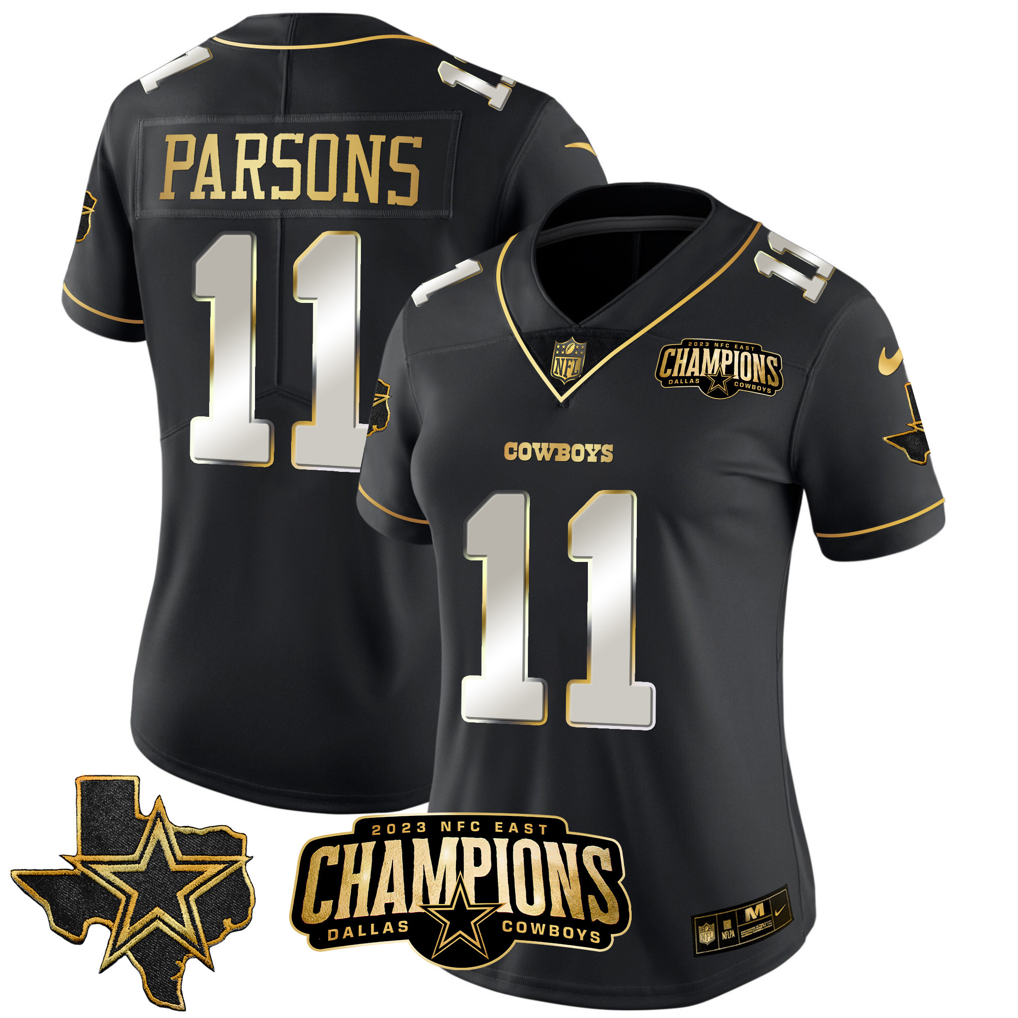 Micah Parsons Women's Dallas Cowboys 2023 NFC East Champions Patch Gold Vapor Black Limited Jersey - All Stitched 
