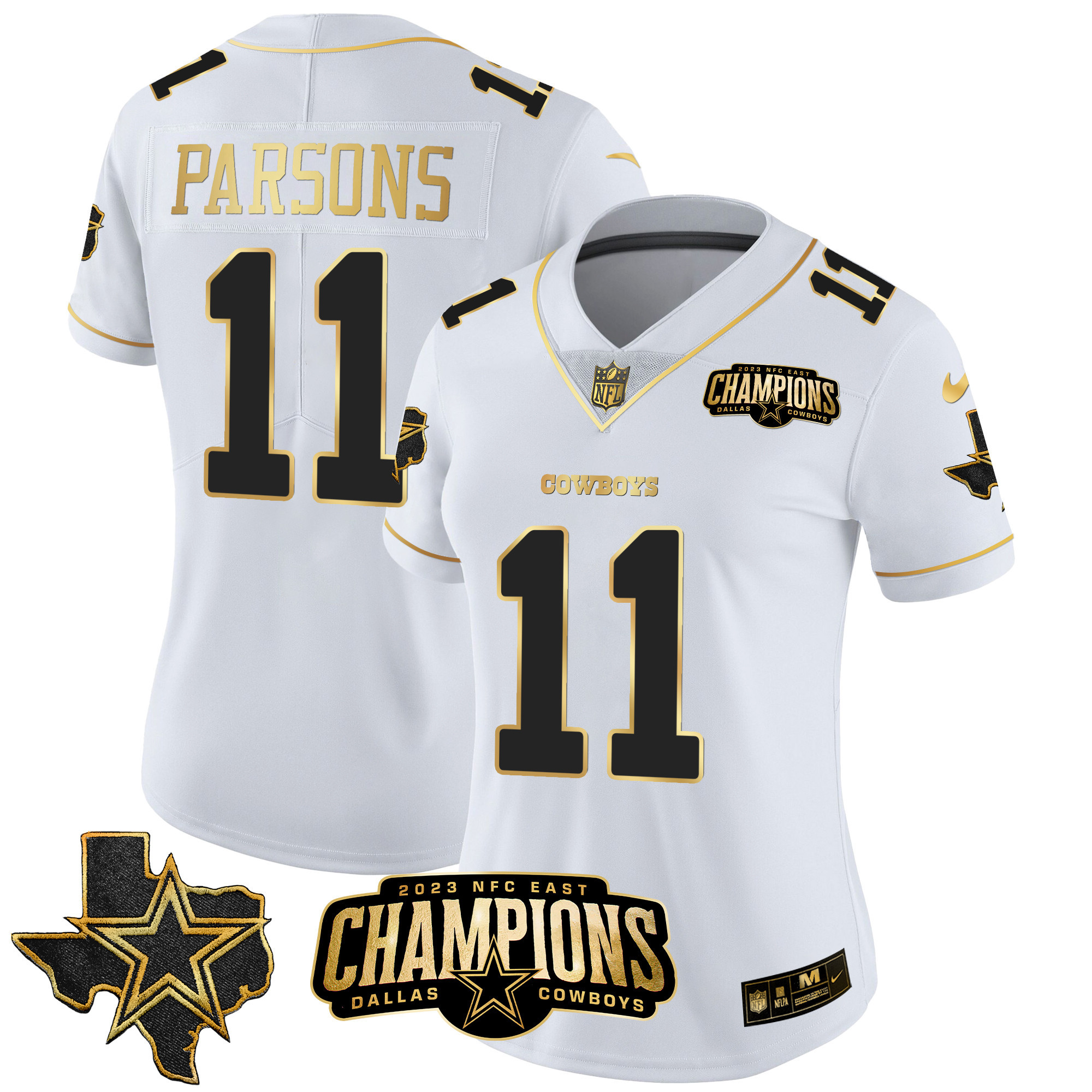 Micah Parsons Women's Dallas Cowboys 2023 NFC East Champions Patch Gold Vapor White Gold Jersey - All Stitched 