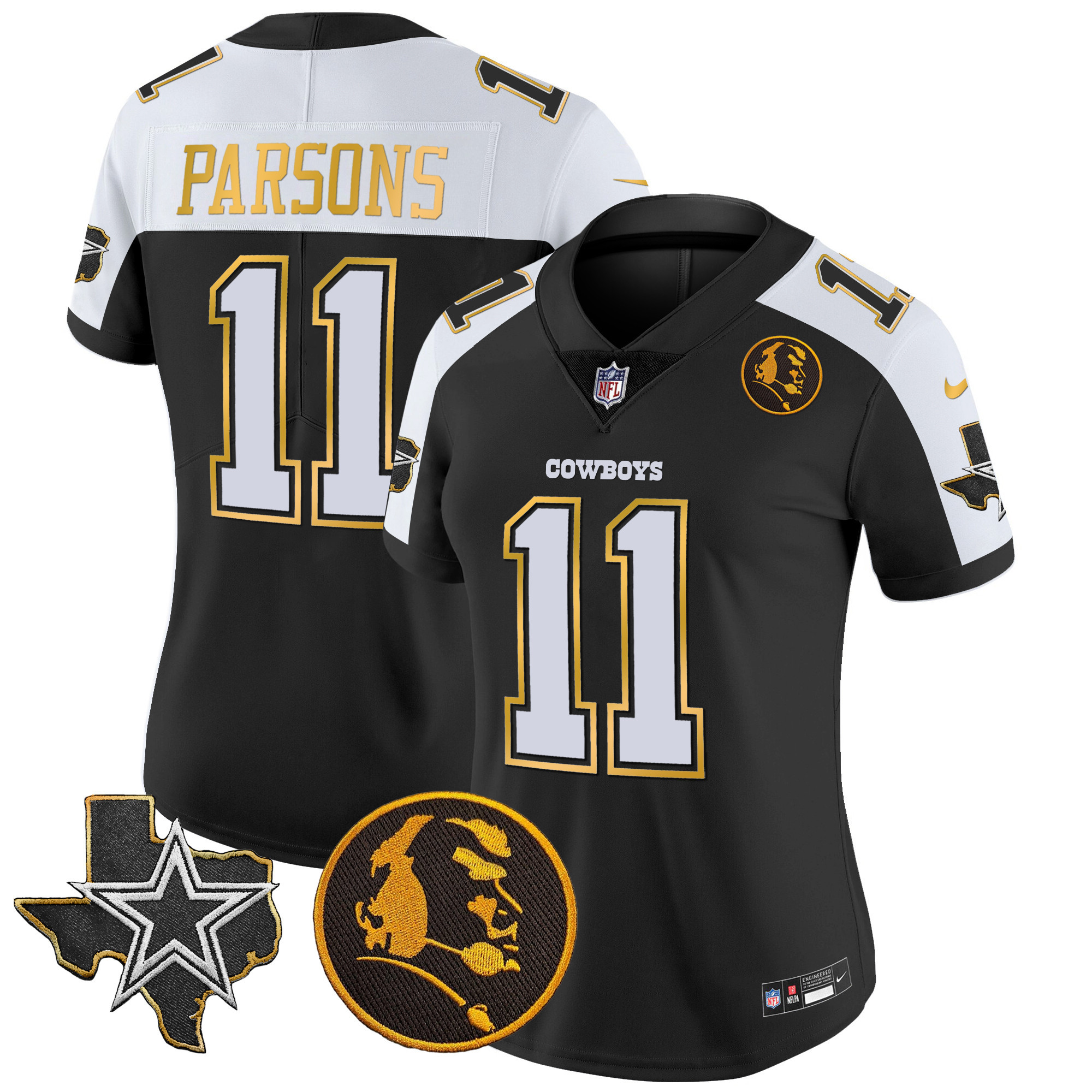 Micah Parsons Women's Dallas Cowboys Texas & John Madden Patch Gold Trim Vapor Black Alternate Jersey - All Stitched 