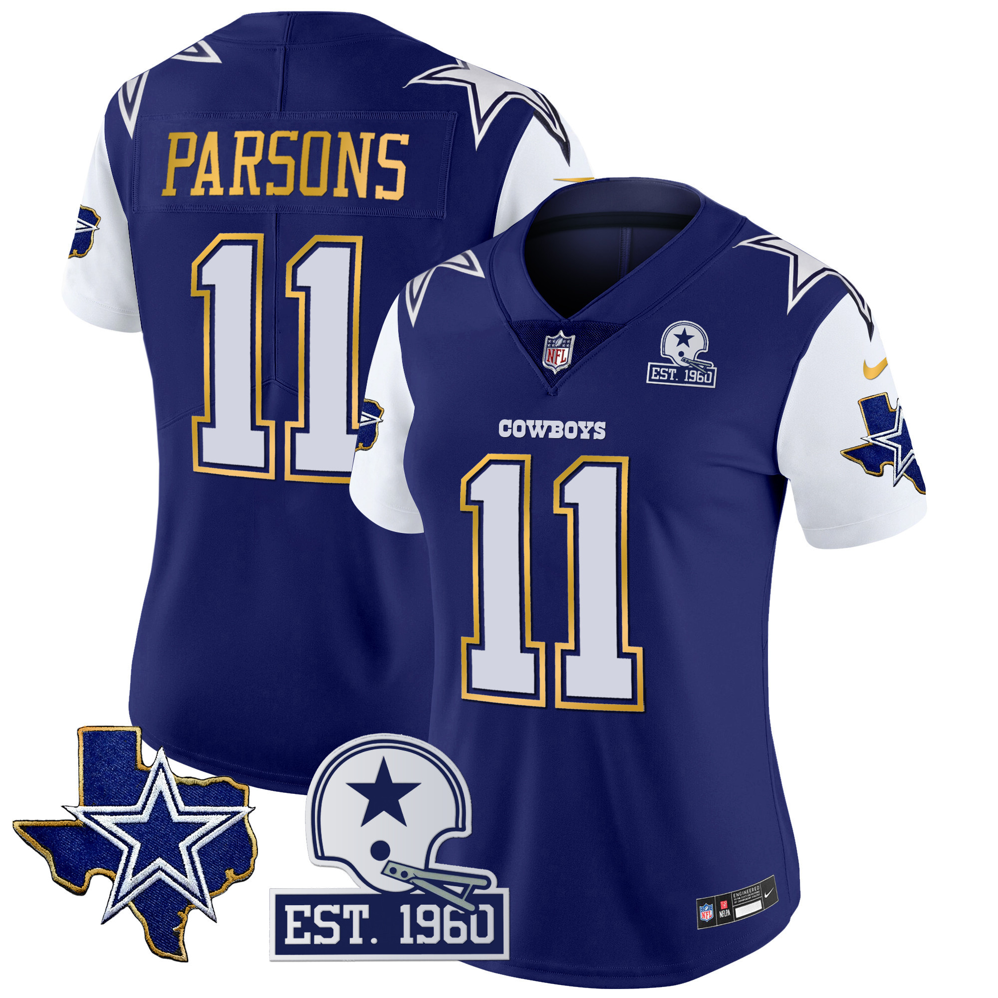 Micah Parsons Women's Dallas Cowboys Texas Patch Gold Trim Vapor Royal Jersey - All Stitched 