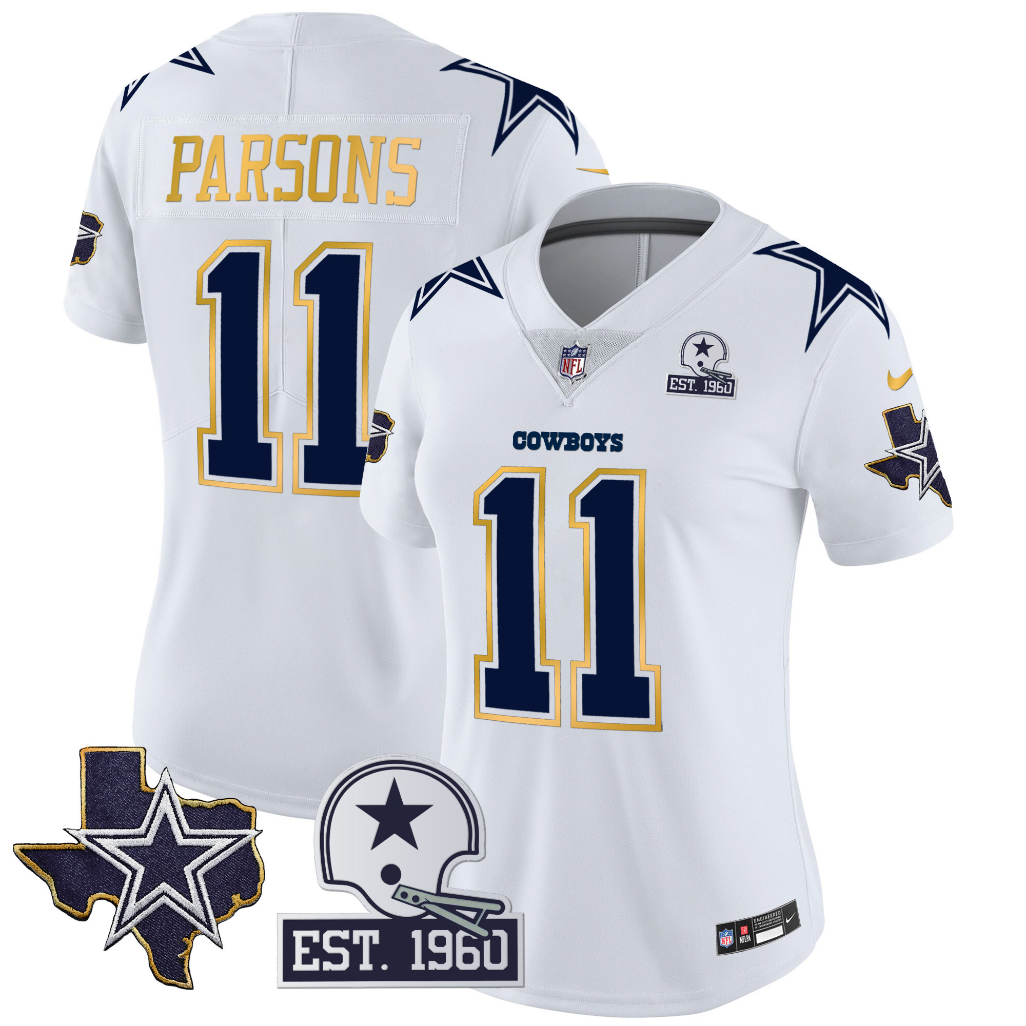 Micah Parsons Women's Dallas Cowboys Texas Patch Gold Trim Vapor White Jersey - All Stitched 