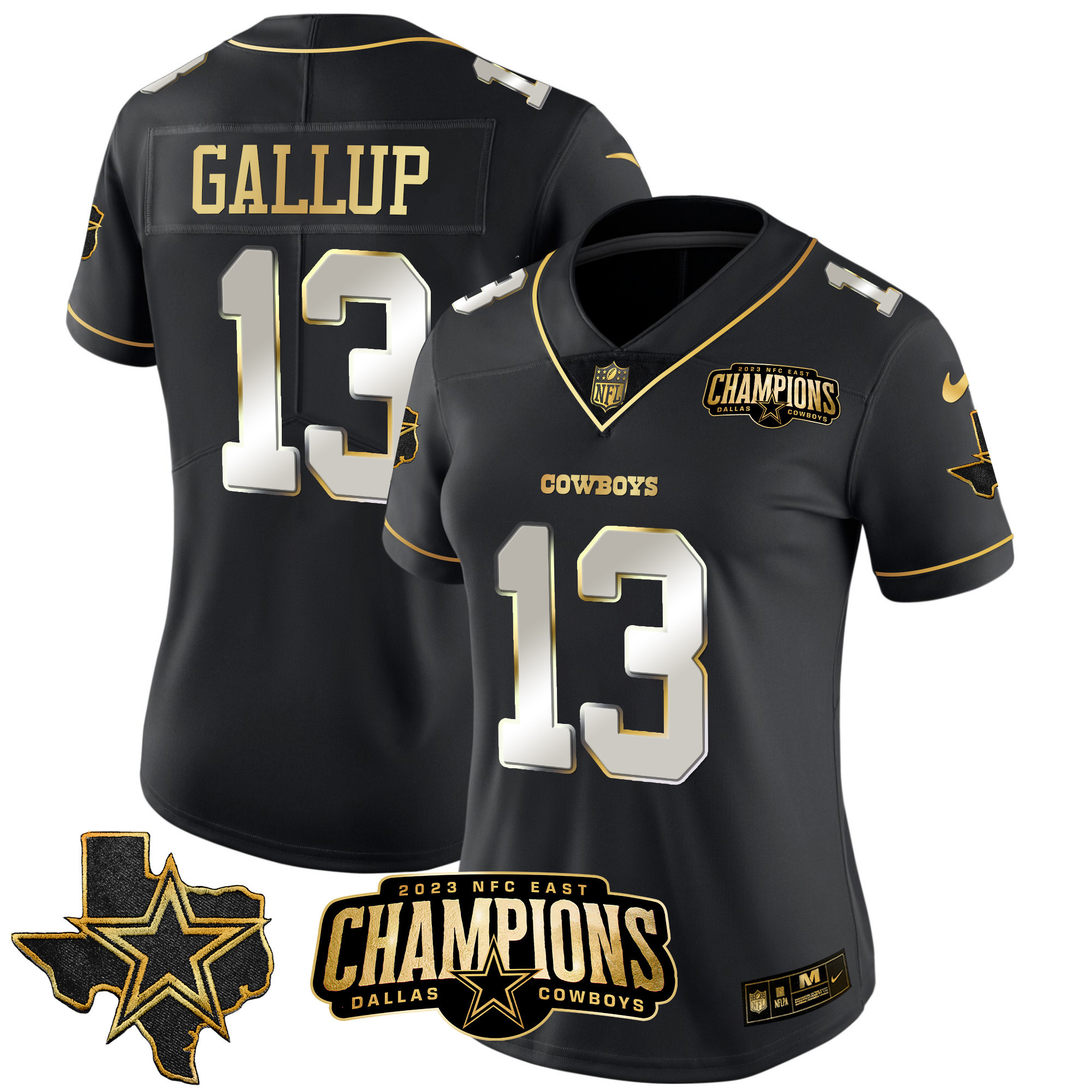 Michael Gallup Women's Dallas Cowboys 2023 NFC East Champions Patch Gold Vapor Black Limited Jersey - All Stitched 