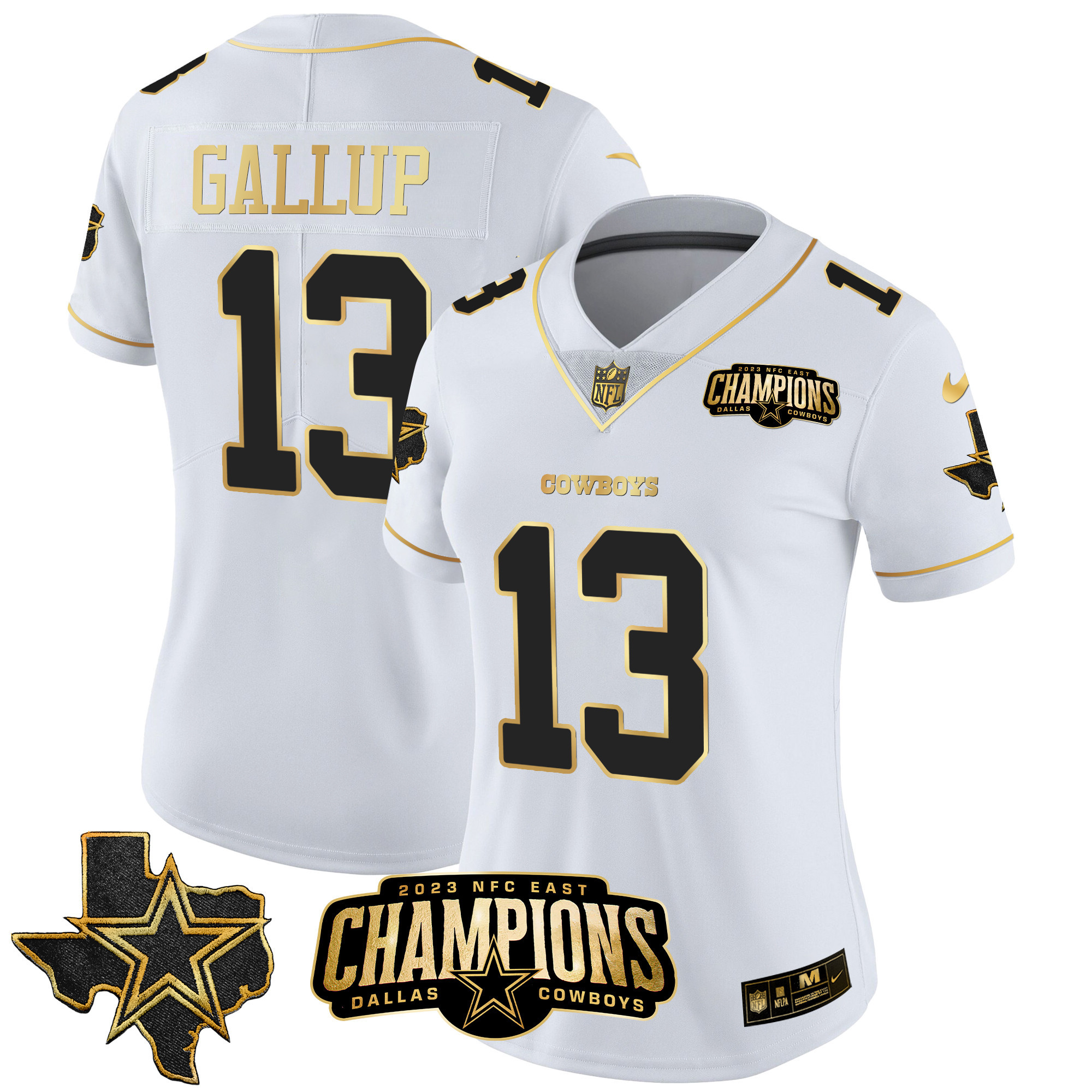 Michael Gallup Women's Dallas Cowboys 2023 NFC East Champions Patch Gold Vapor White Gold Jersey - All Stitched 
