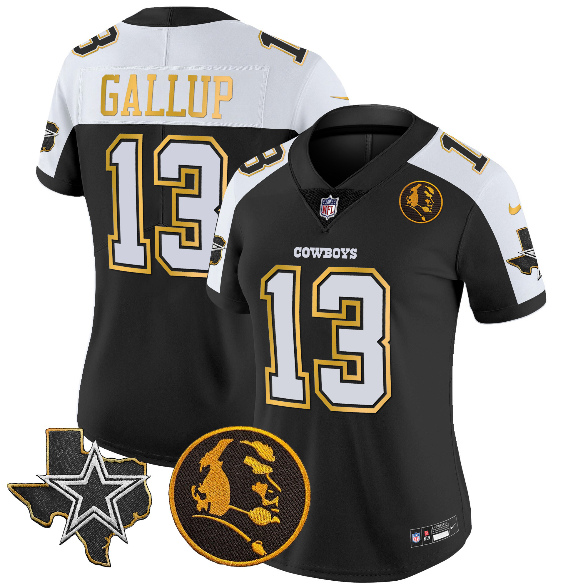 Michael Gallup Women's Dallas Cowboys Texas & John Madden Patch Gold Trim Vapor Black Alternate Jersey - All Stitched 