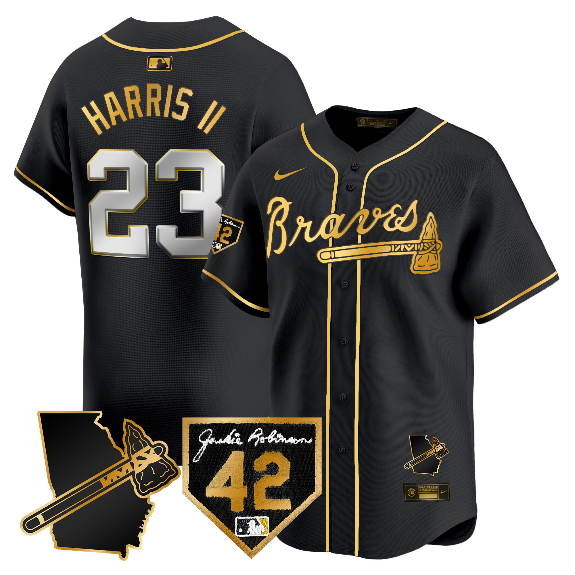 Michael Harris II Men's Atlanta Braves 2024 Robinson & Georgia Patch Vapor Premier Limited Black Gold Jersey - All Stitched