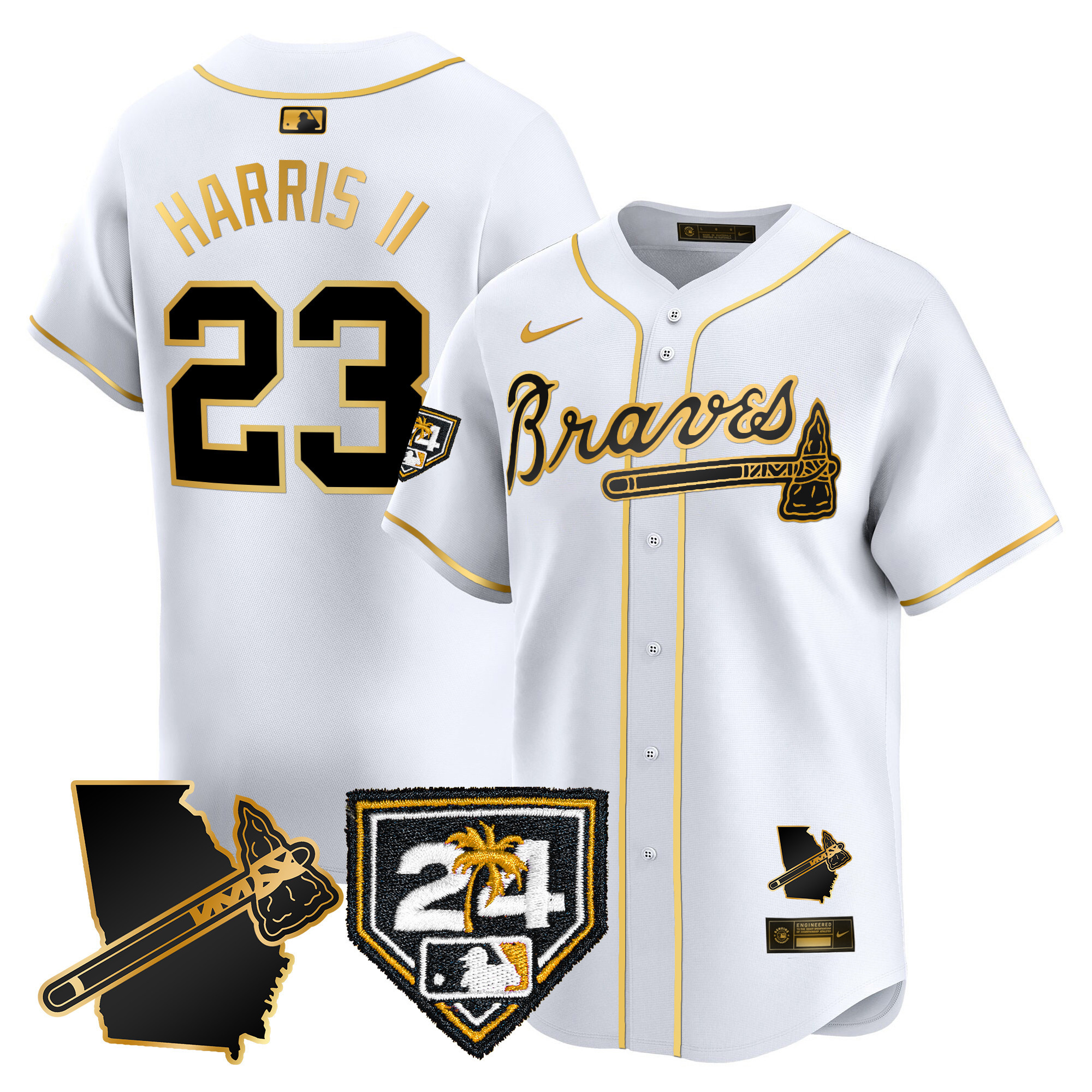 Michael Harris II Men's Atlanta Braves 2024 Spring Training & Georgia Patch Vapor Premier Limited White Gold Jersey - All Stitched
