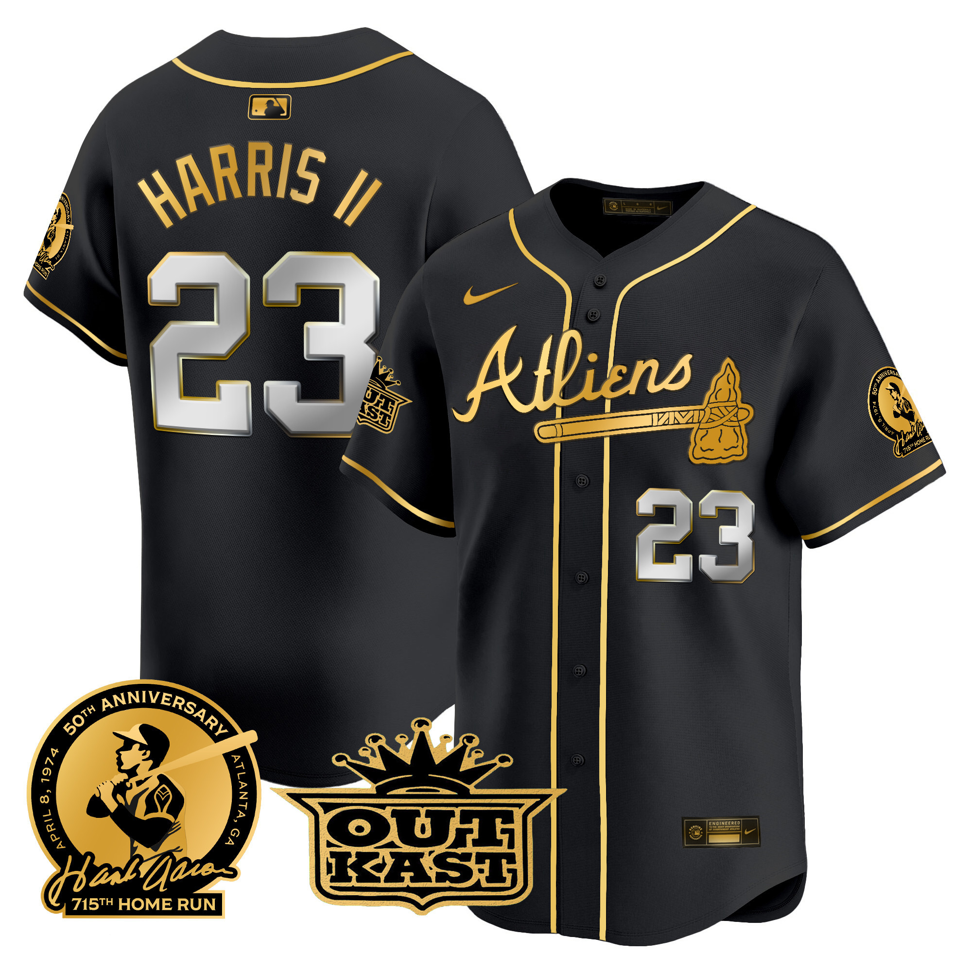 Michael Harris II Men's Atlanta Braves Atliens & Hank Aaron Patch Vapor Premier Limited Black Gold Jersey - All Stitched