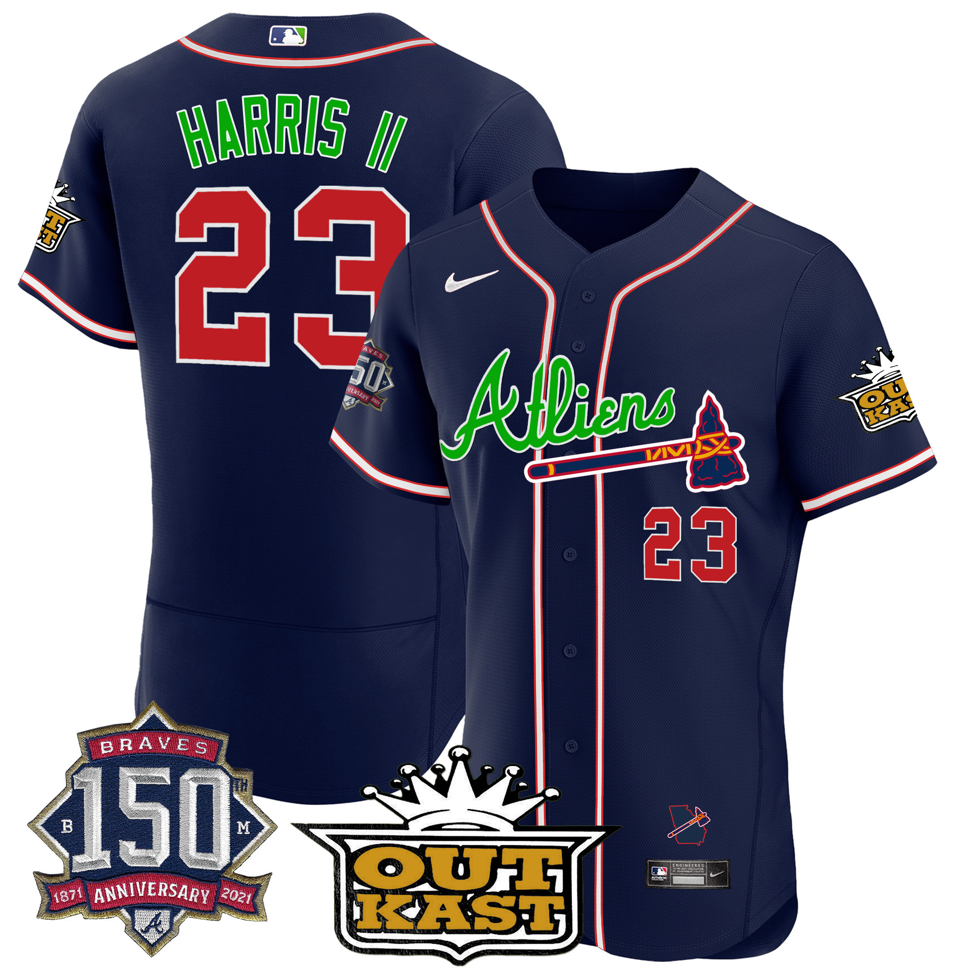 Michael Harris II Men's Atlanta Braves Atliens 150th Anniversary Patch Flex Base Navy Jersey - All Stitched