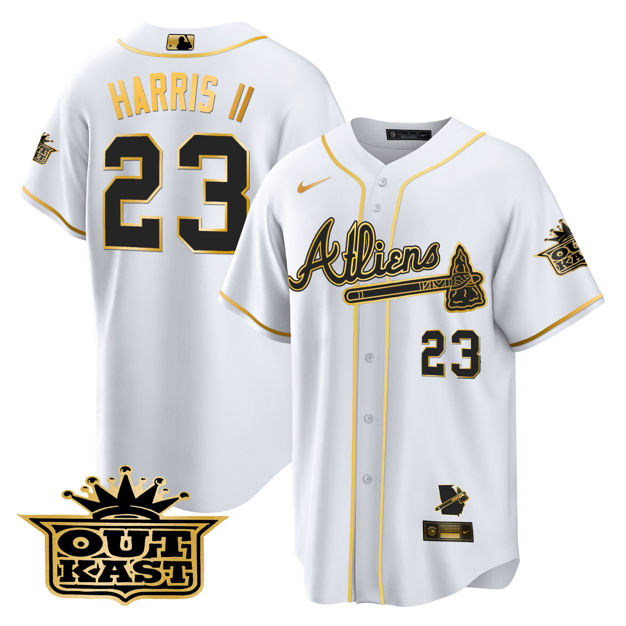 Michael Harris II Men's Atlanta Braves Atliens Cool Base V2 White Gold Jersey - All Stitched