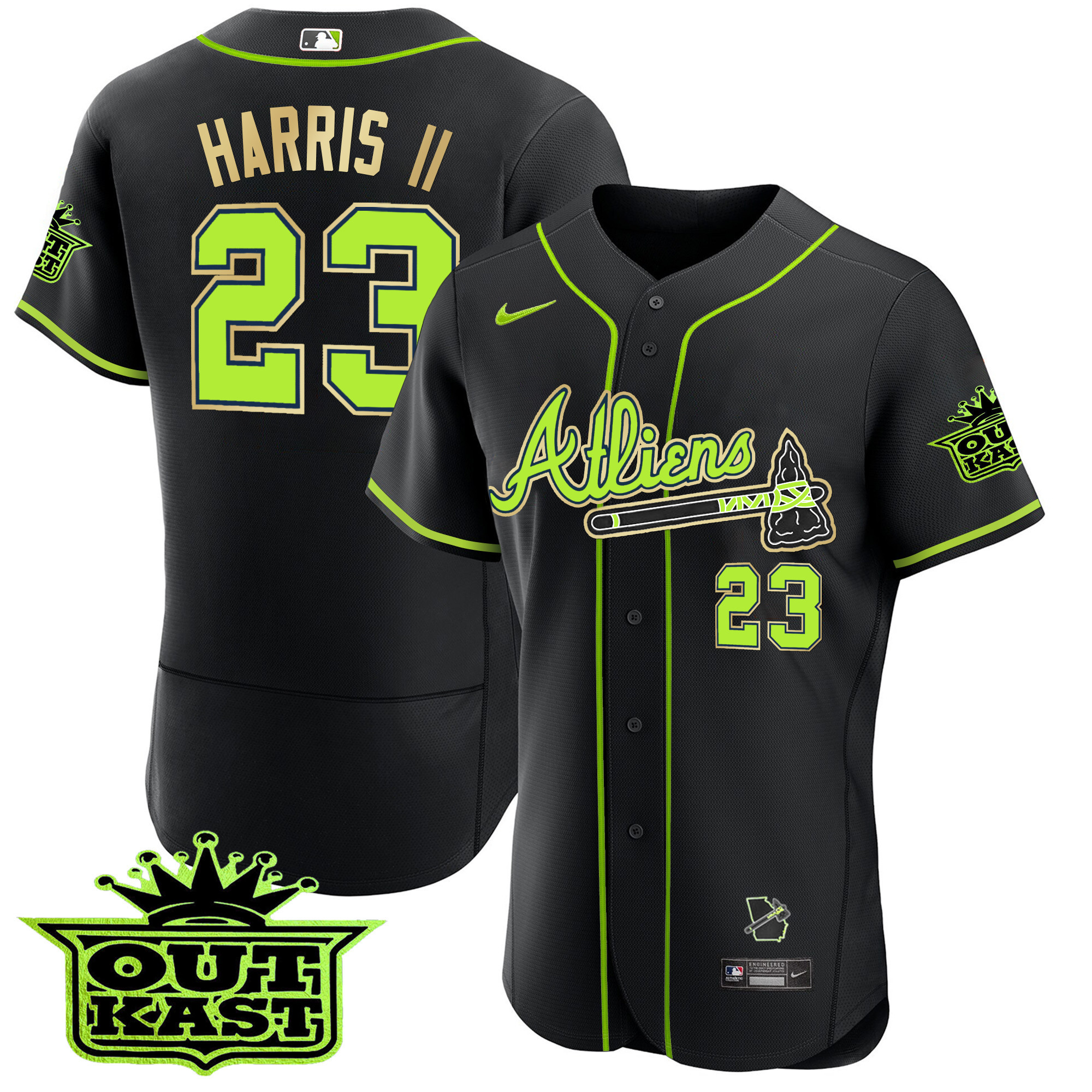 Michael Harris II Men's Atlanta Braves Atliens Flex Base Gold Trim Black Jersey - All Stitched