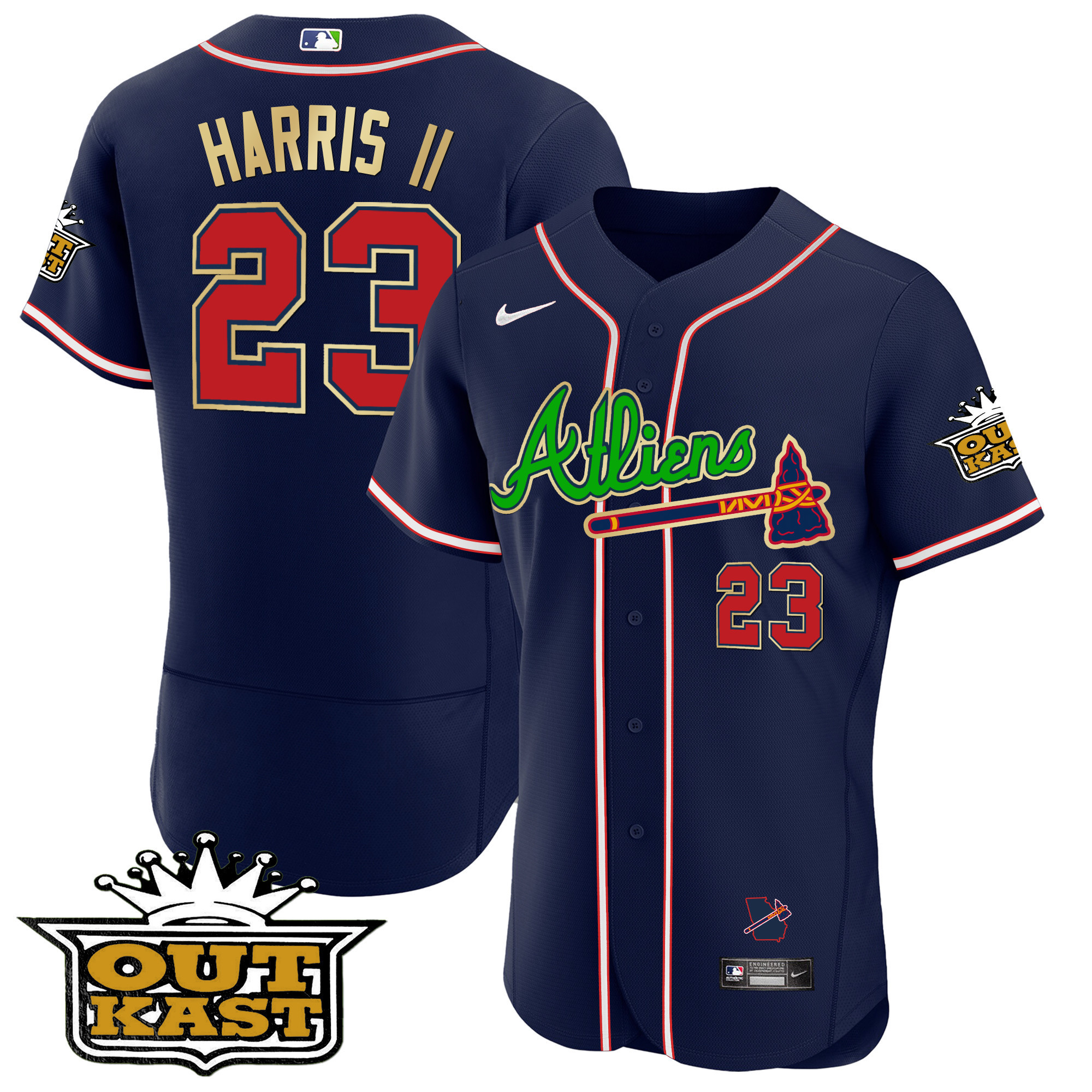 Michael Harris II Men's Atlanta Braves Atliens Flex Base Gold Trim Navy Jersey - All Stitched
