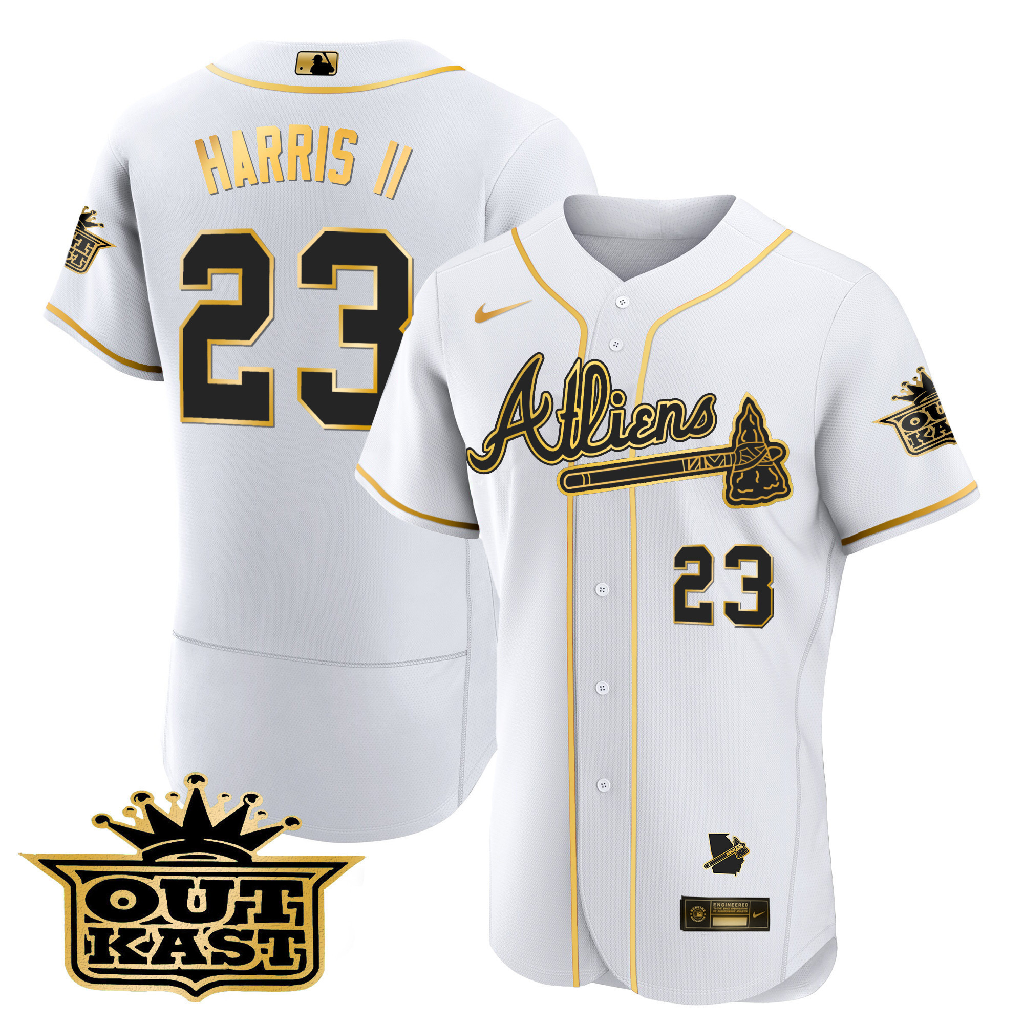 Michael Harris II Men's Atlanta Braves Atliens Flex Base V2 White Gold Jersey - All Stitched