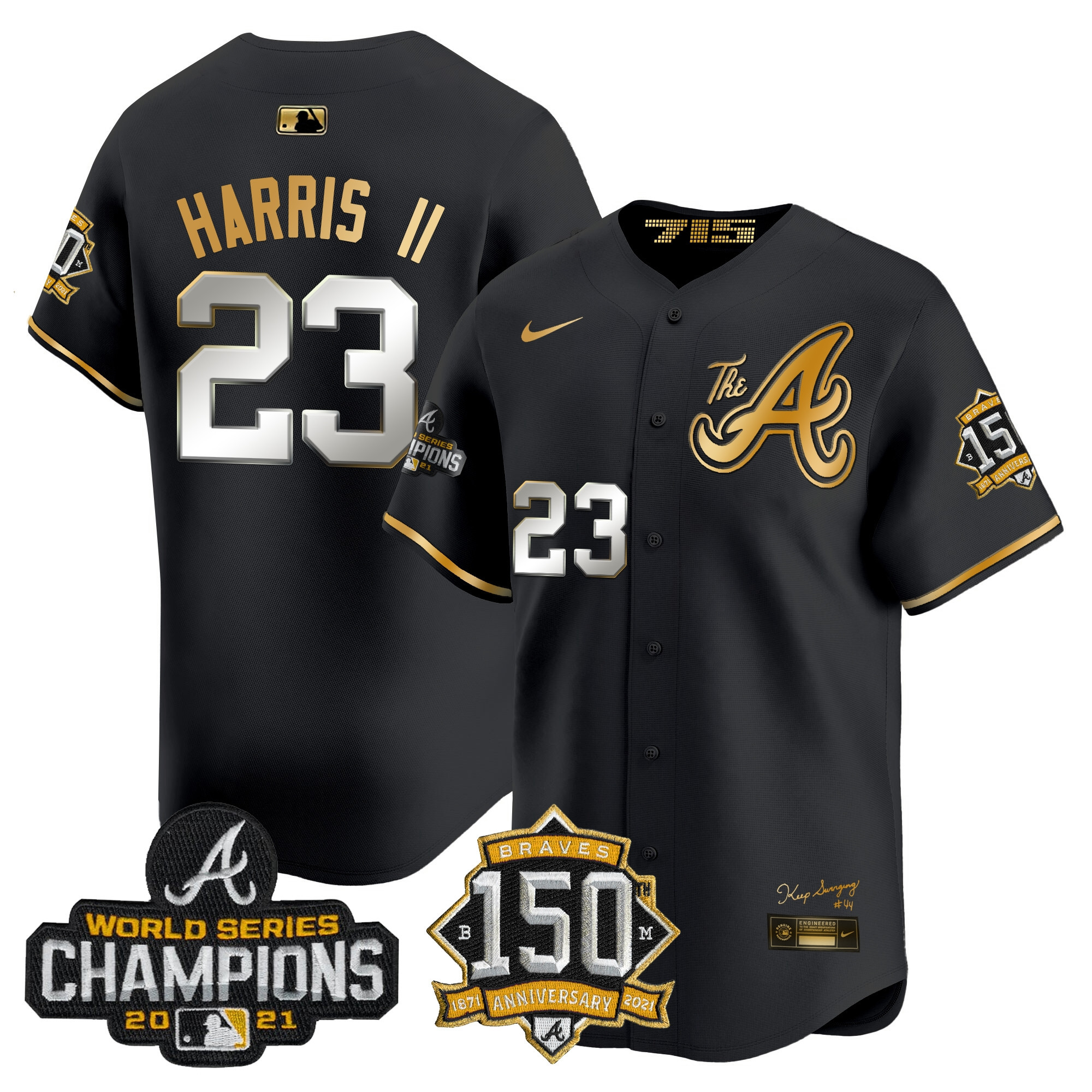 Michael Harris II Men's Atlanta Braves Champions & 150th Patch Vapor Premier Limited Black Gold Jersey - All Stitched