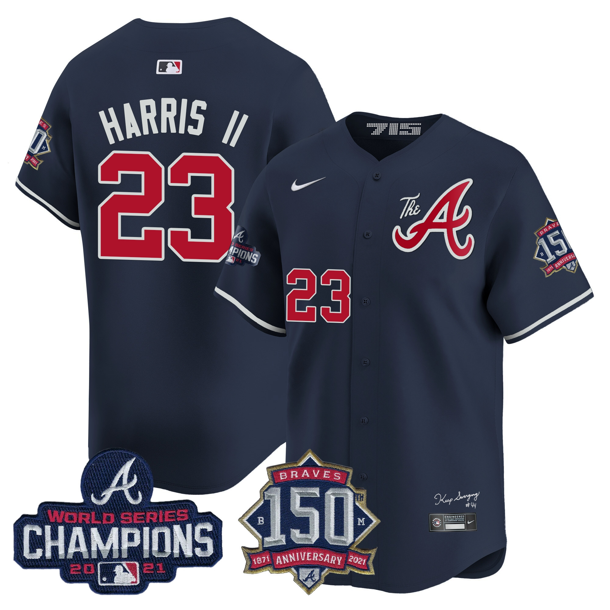 Michael Harris II Men's Atlanta Braves Champions & 150th Patch Vapor Premier Limited Navy Jersey - All Stitched