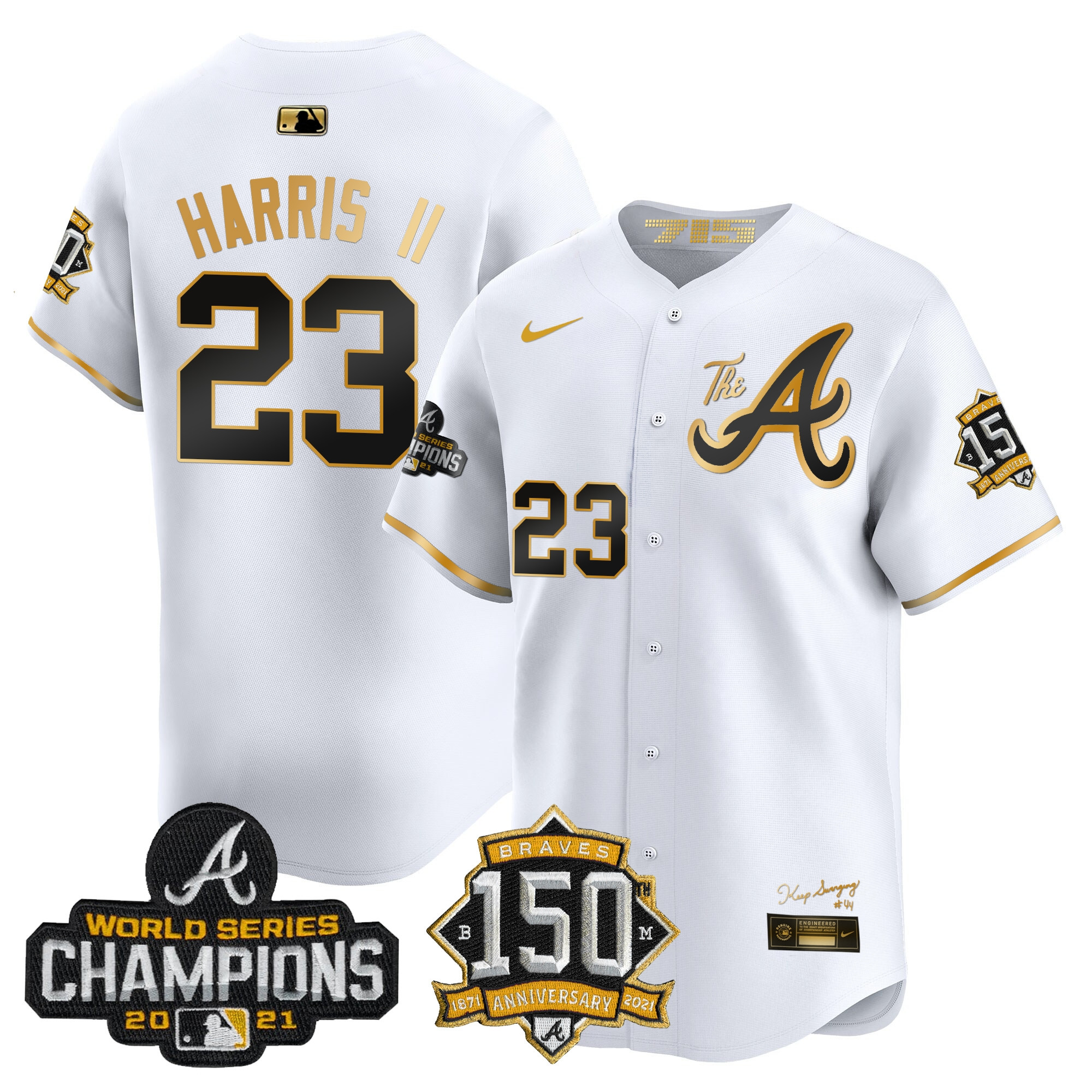 Michael Harris II Men's Atlanta Braves Champions & 150th Patch Vapor Premier Limited White Gold Jersey - All Stitched