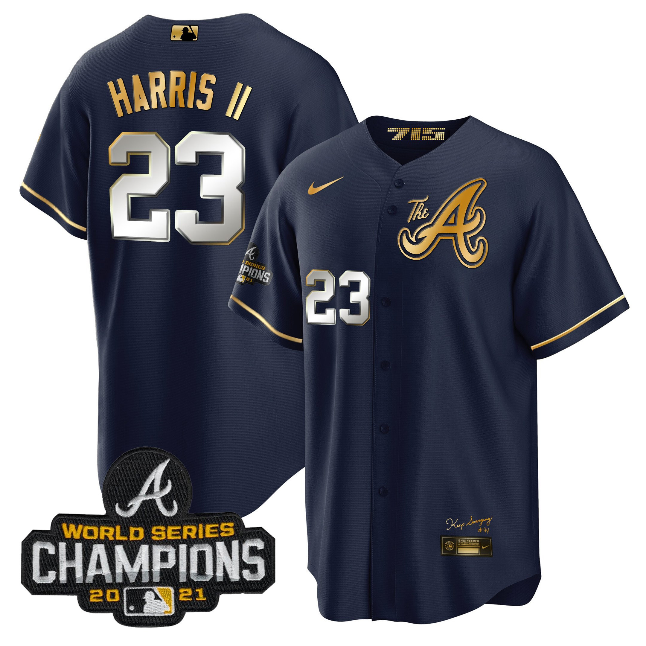 Michael Harris II Men's Atlanta Braves Champions City Connect Gold Cool Base Navy Gold Jersey - All Stitched