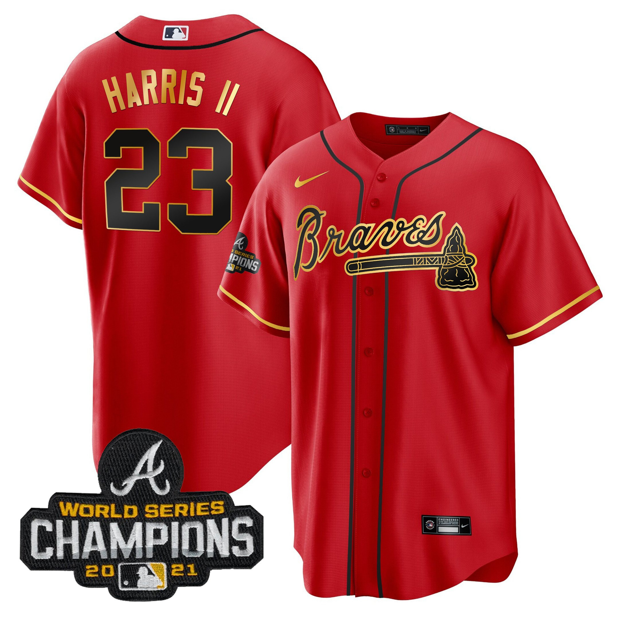 Michael Harris II Men's Atlanta Braves Champions Patch Gold Trim Cool Red Jersey - All Stitched