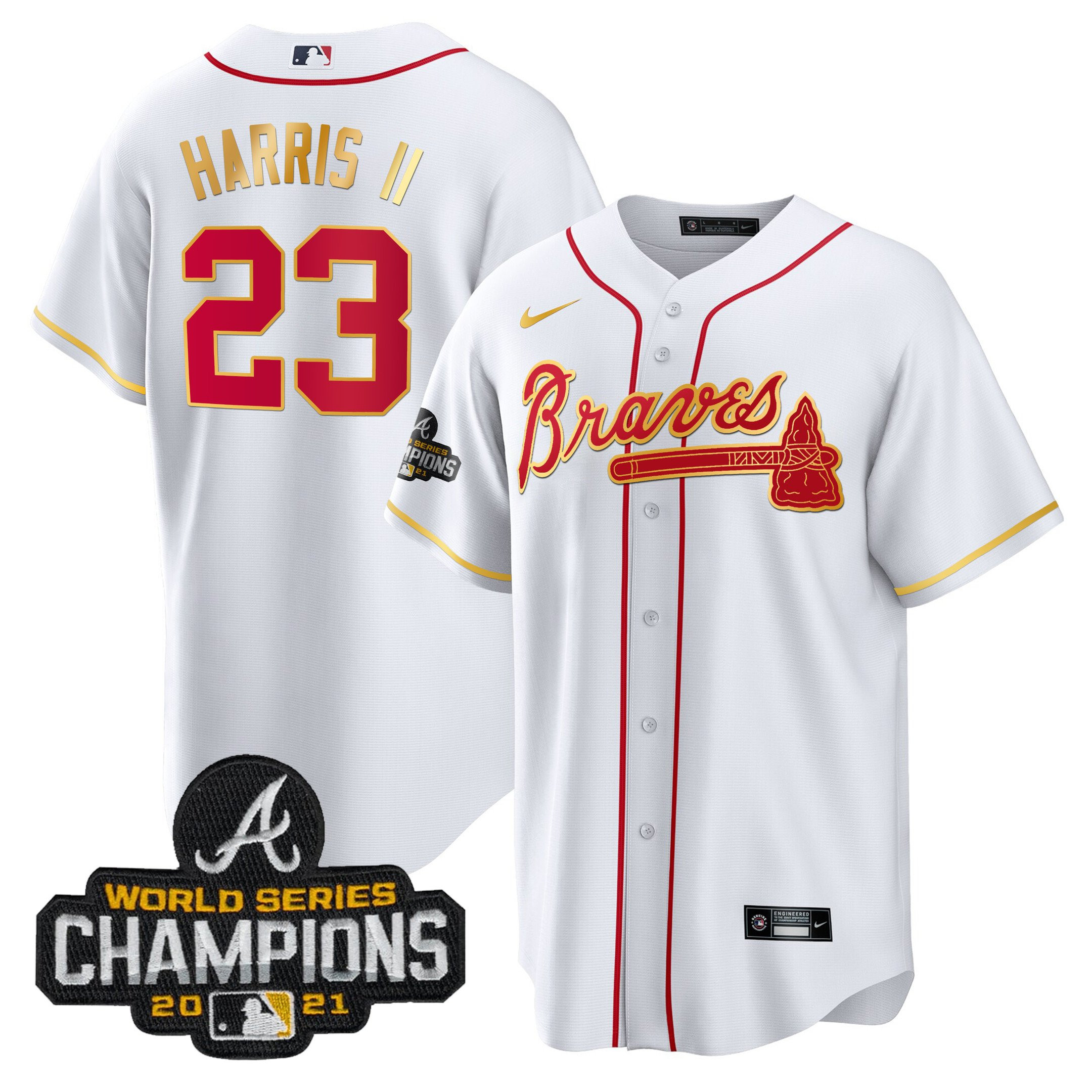 Michael Harris II Men's Atlanta Braves Champions Patch Gold Trim Cool White Jersey - All Stitched