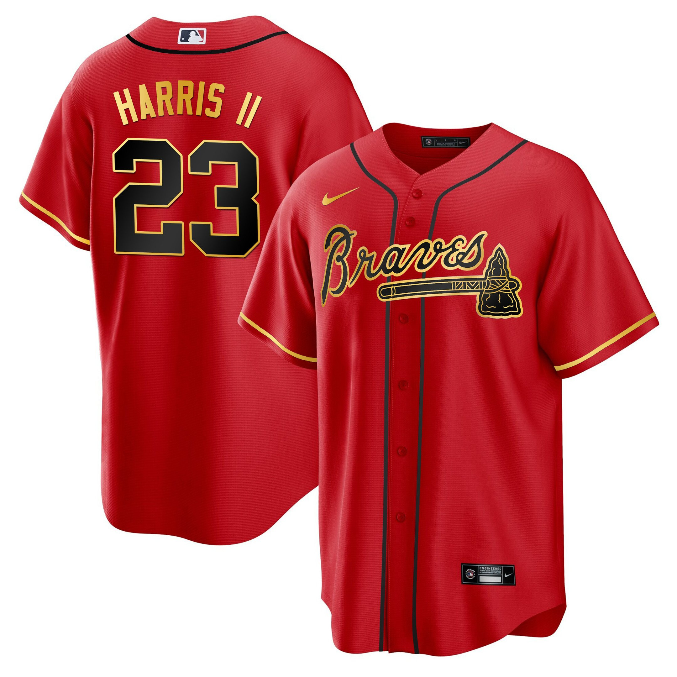 Michael Harris II Men's Atlanta Braves Gold Trim Cool Red Jersey - All Stitched
