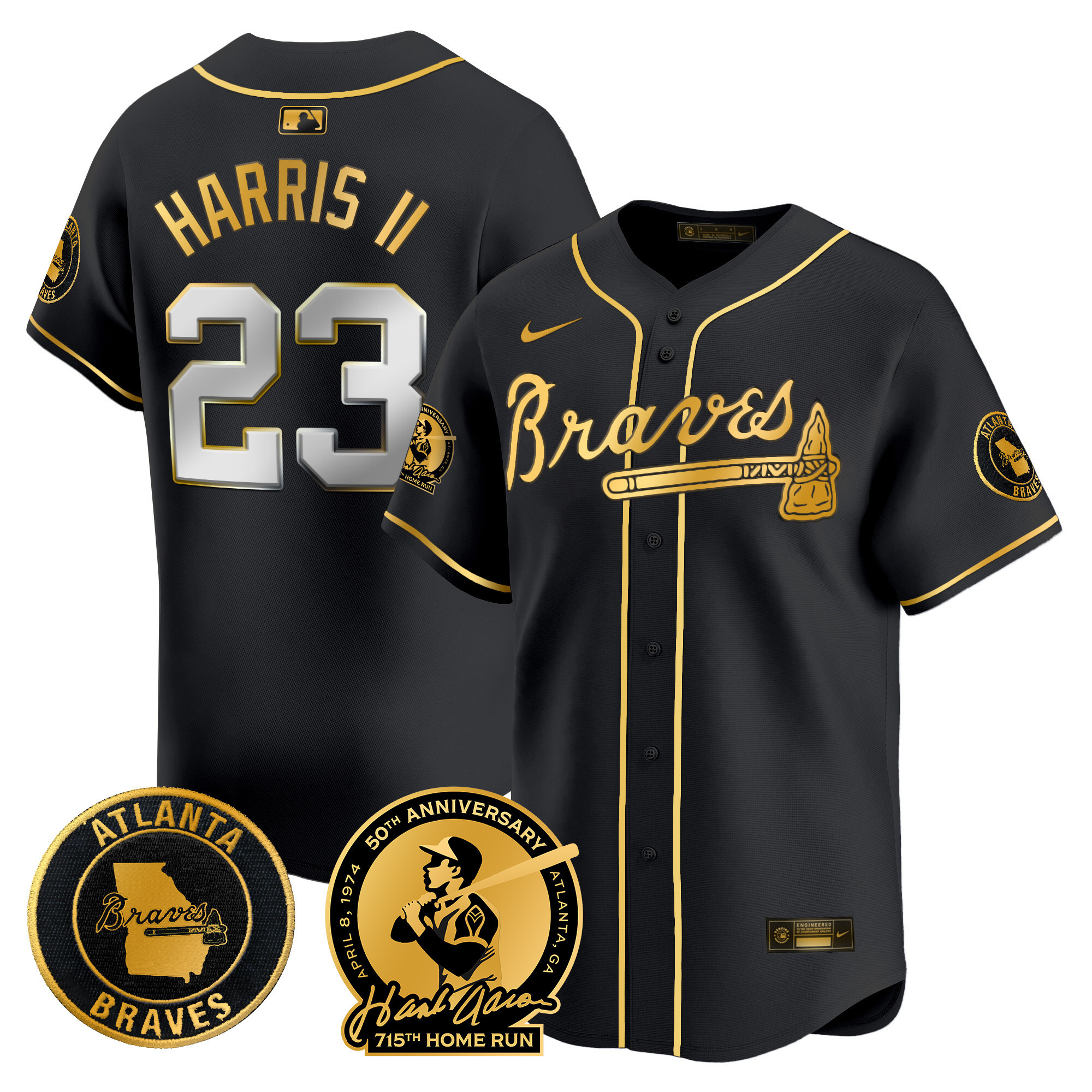 Michael Harris II Men's Atlanta Braves Hank Aaron 715th Home Run Patch Vapor Premier Limited Black Gold Jersey - All Stitched
