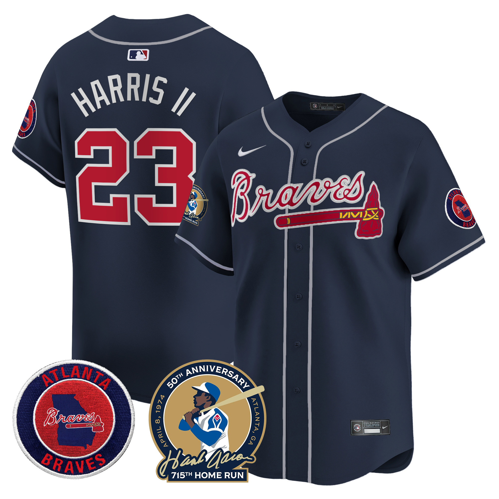 Michael Harris II Men's Atlanta Braves Hank Aaron 715th Home Run Patch Vapor Premier Limited Navy Jersey - All Stitched