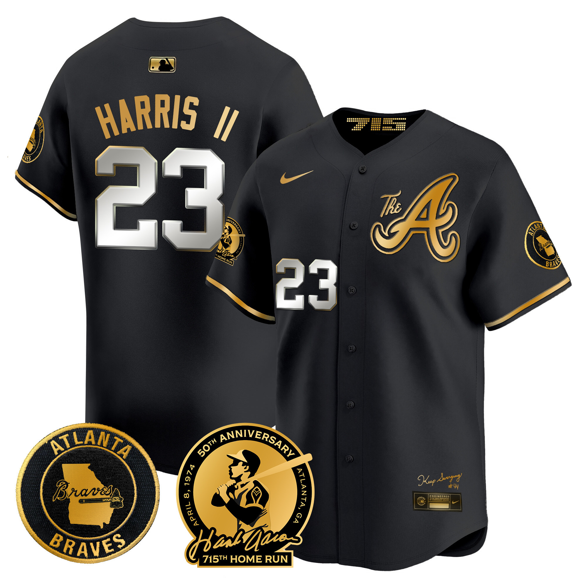 Michael Harris II Men's Atlanta Braves Hank Aaron 715th Home Run Patch Vapor Premier Limited V2 Black Gold Jersey - All Stitched