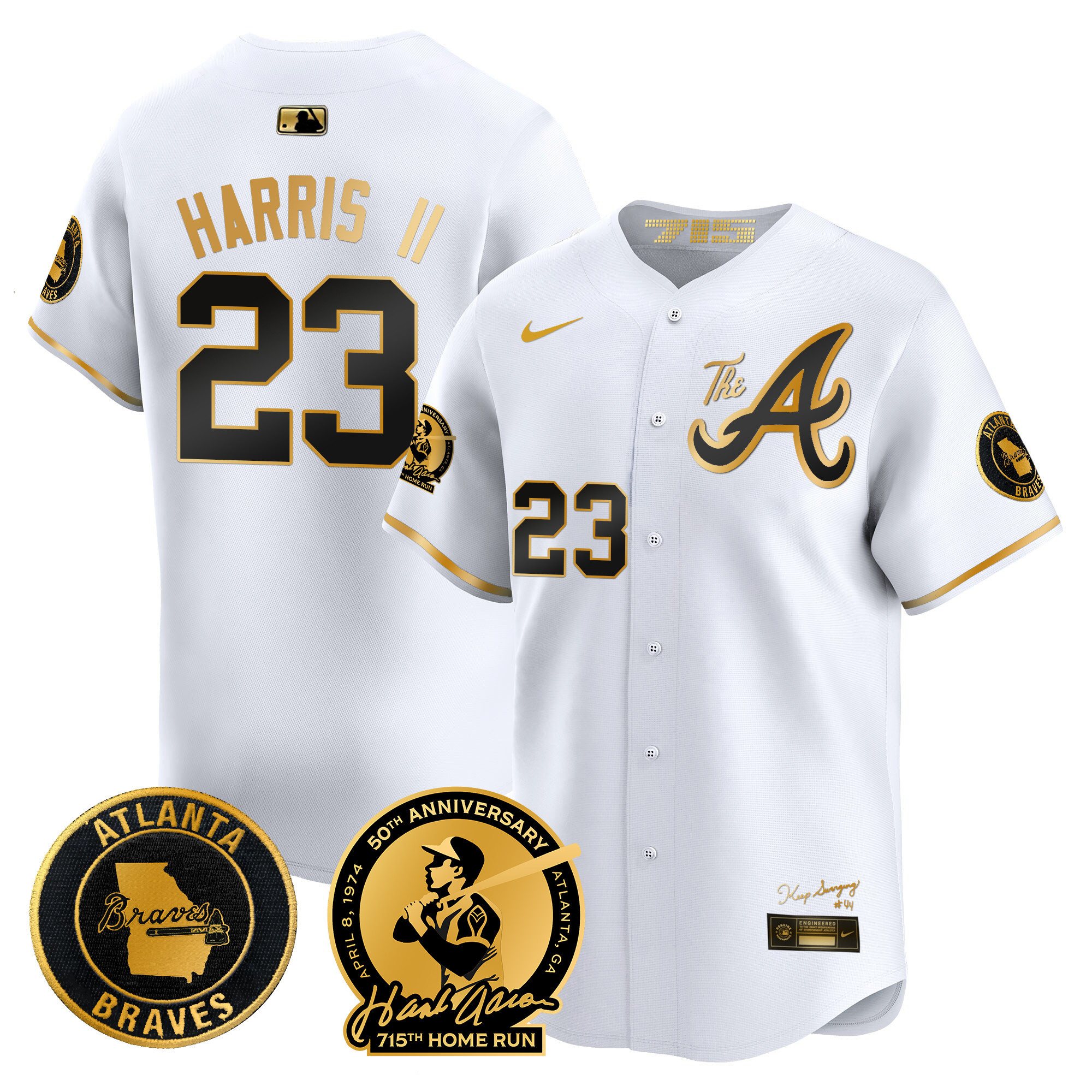 Michael Harris II Men's Atlanta Braves Hank Aaron 715th Home Run Patch Vapor Premier Limited V2 White Gold Jersey - All Stitched