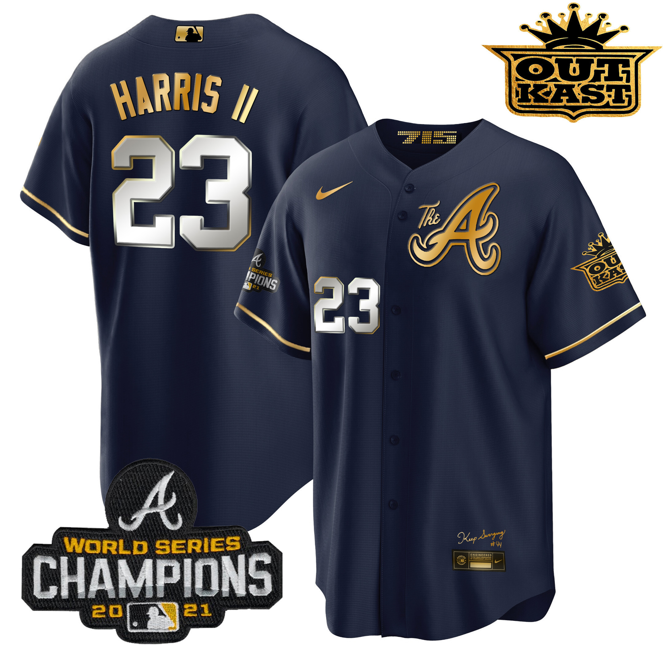 Michael Harris II Men's Atlanta Braves Outkast Gold The A Cool Base Navy Gold Jersey - All Stitched