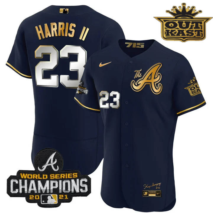 Michael Harris II Men's Atlanta Braves Outkast Gold The A Flex Base Navy Gold Jersey - All Stitched