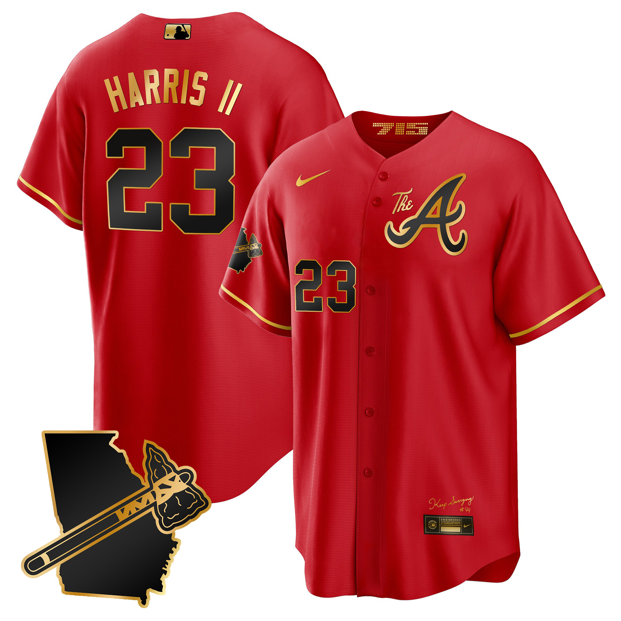 Michael Harris II Men's Atlanta Braves The A Gold Cool Base - Georgia Patch Red Gold Jersey - All Stitched