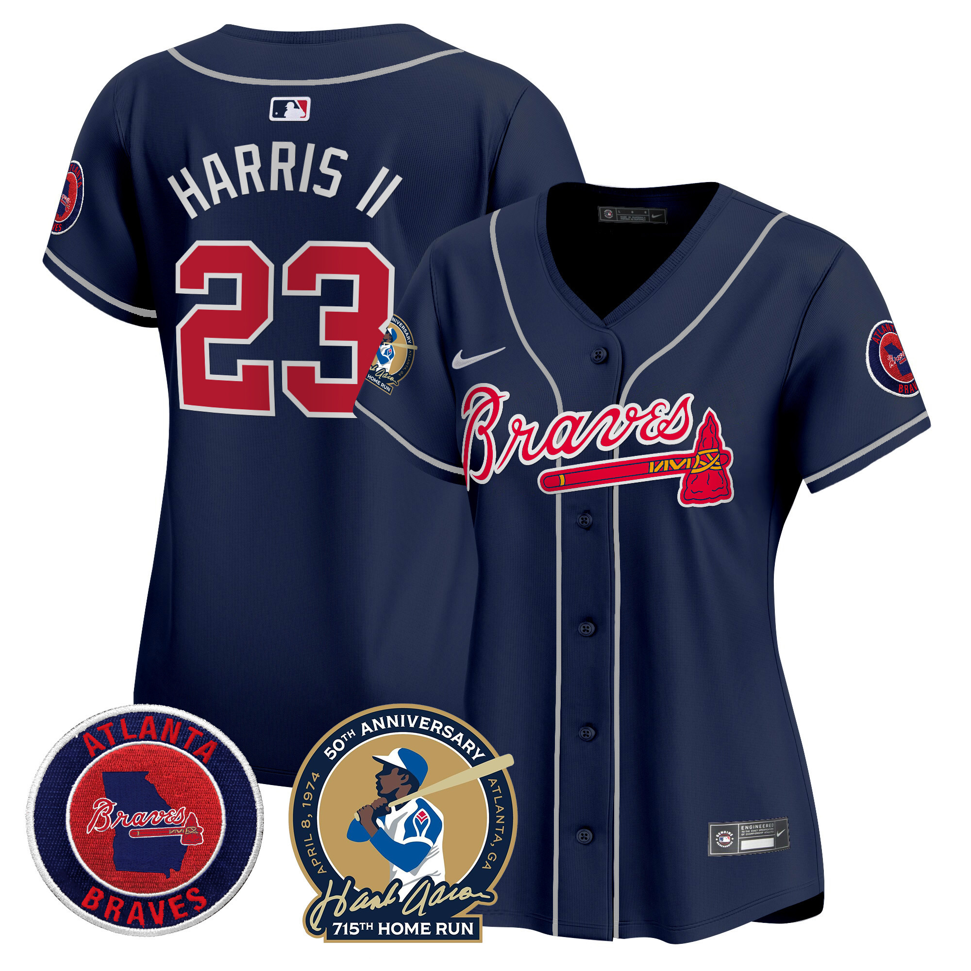 Michael Harris II Women's Atlanta Braves Hank Aaron 715th Home Run Patch Vapor Premier Limited Navy Jersey - All Stitched