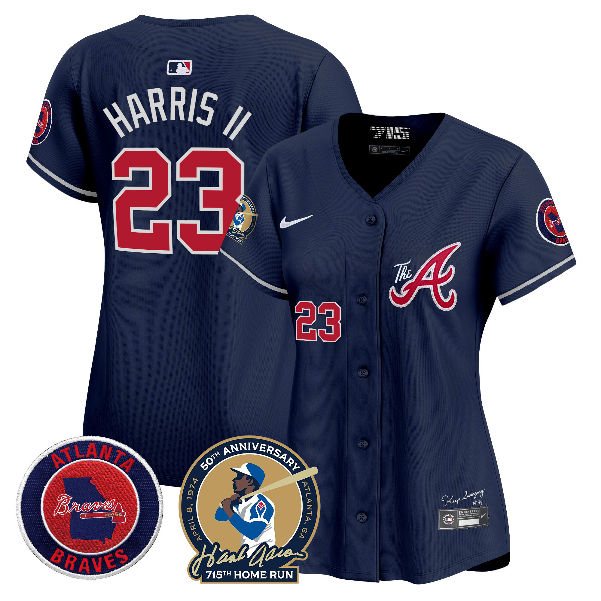 Michael Harris II Women's Atlanta Braves Hank Aaron 715th Home Run Patch Vapor Premier Limited V2 Navy Jersey - All Stitched
