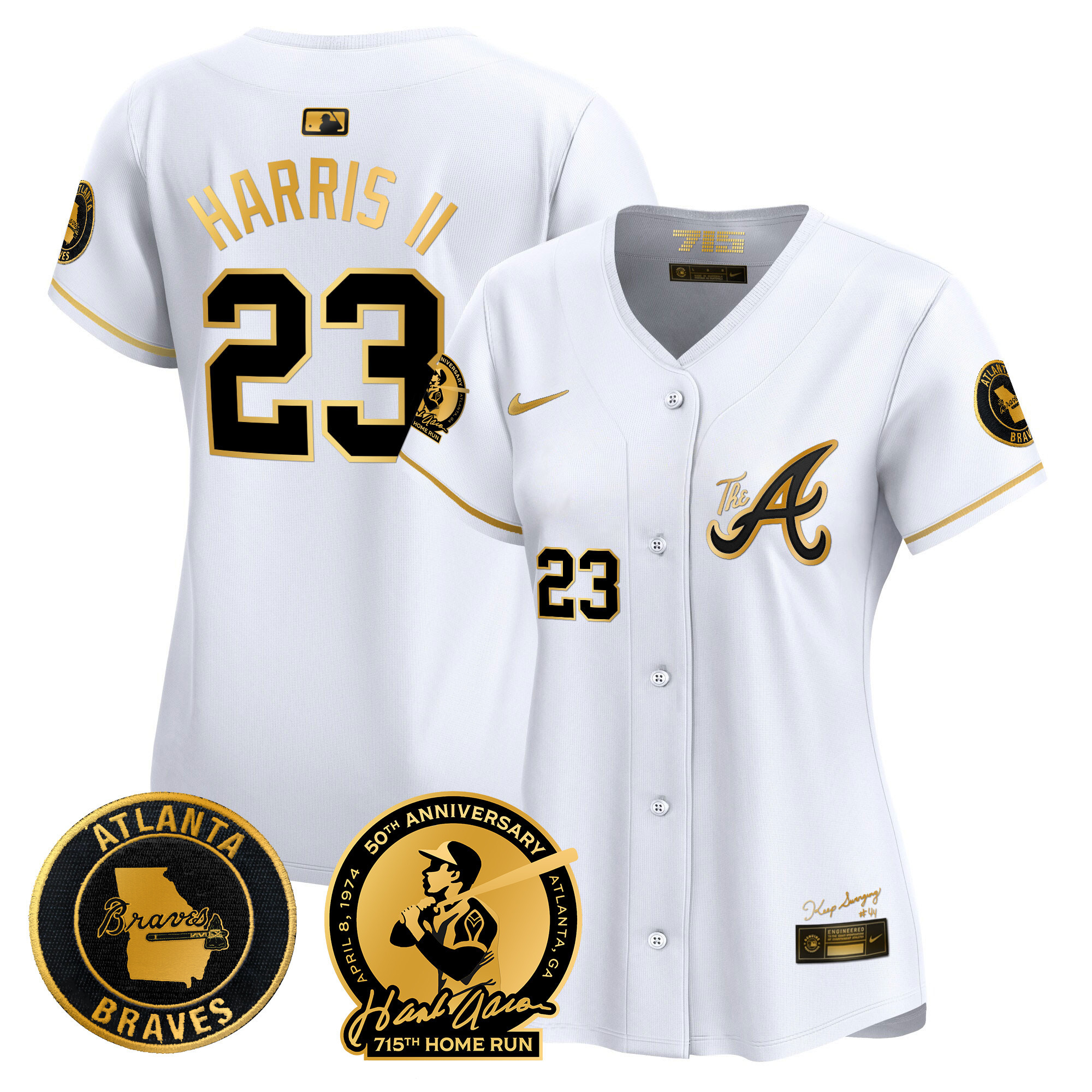 Michael Harris II Women's Atlanta Braves Hank Aaron 715th Home Run Patch Vapor Premier Limited V2 White Gold Jersey - All Stitched