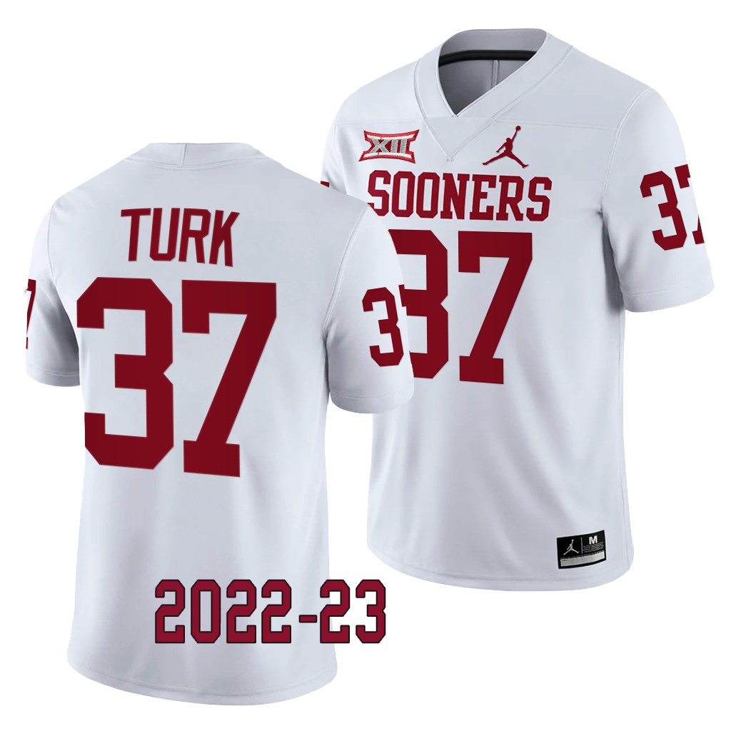 Michael Turk Oklahoma Sooners 2022-23 College Game Jersey Men’s White #37 Uniform