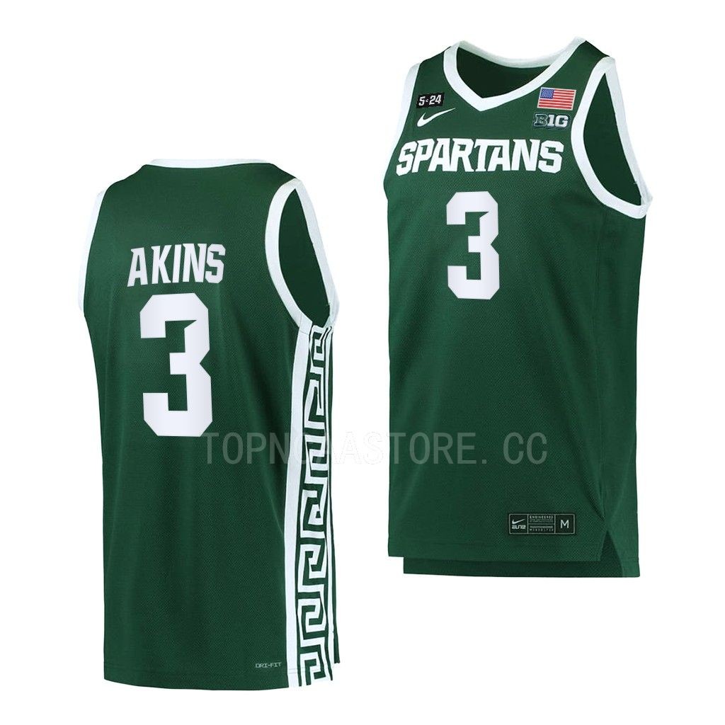 Michigan State Spartans Jaden Akins 5.24 Honor Patch uniform Green #3 Jersey 2022-23