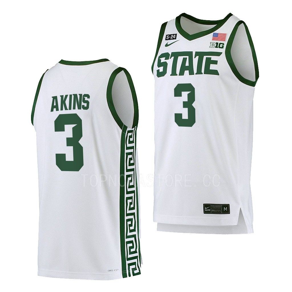 Michigan State Spartans Jaden Akins White #3 5.24 Honor Patch Jersey 2022-23 College