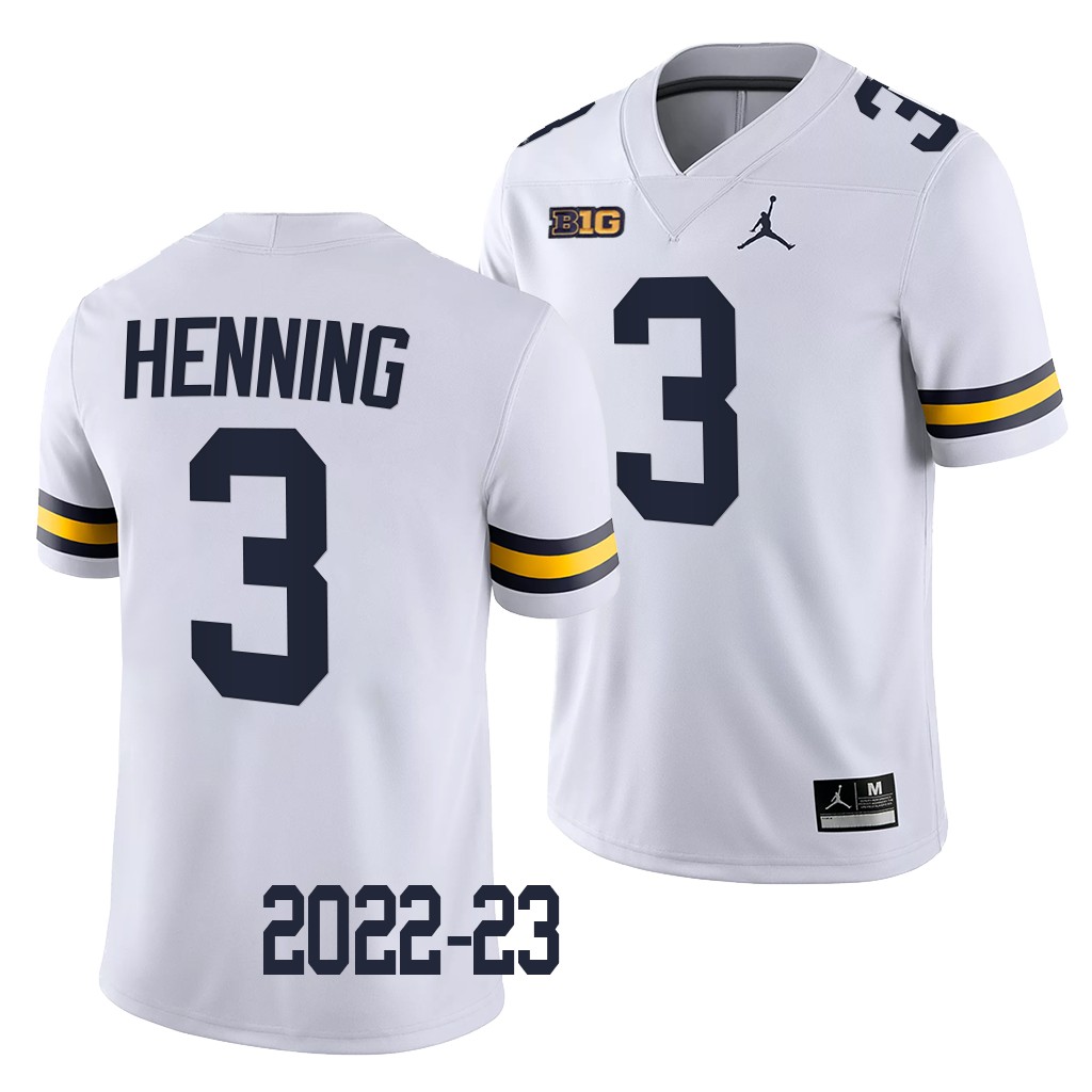Michigan Wolverines A.J. Henning Jersey 2022-23 College White #3 Game Men's Shirt