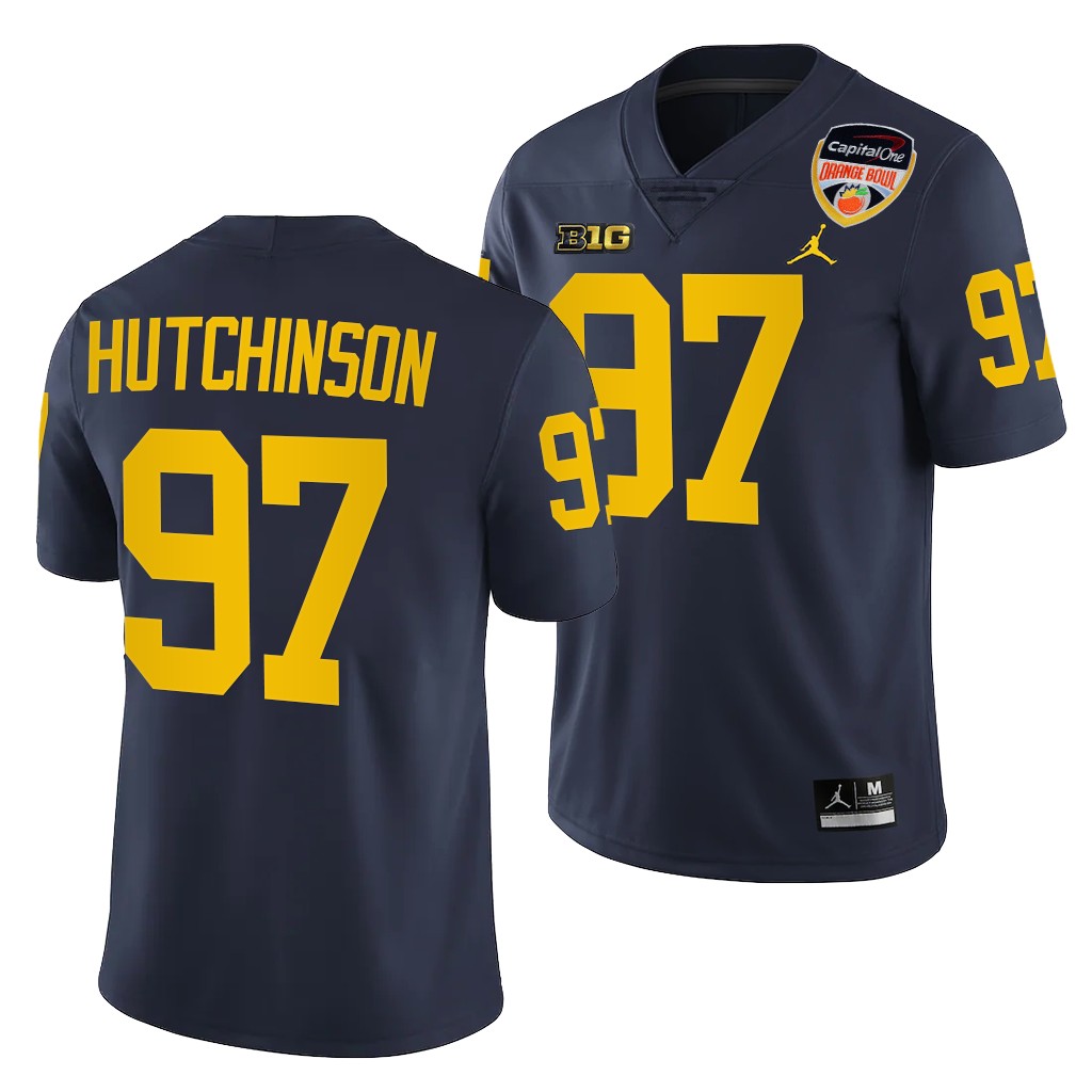 Michigan Wolverines Aidan Hutchinson 2021 Orange Bowl Jersey #97 Navy College Playoff Uniform
