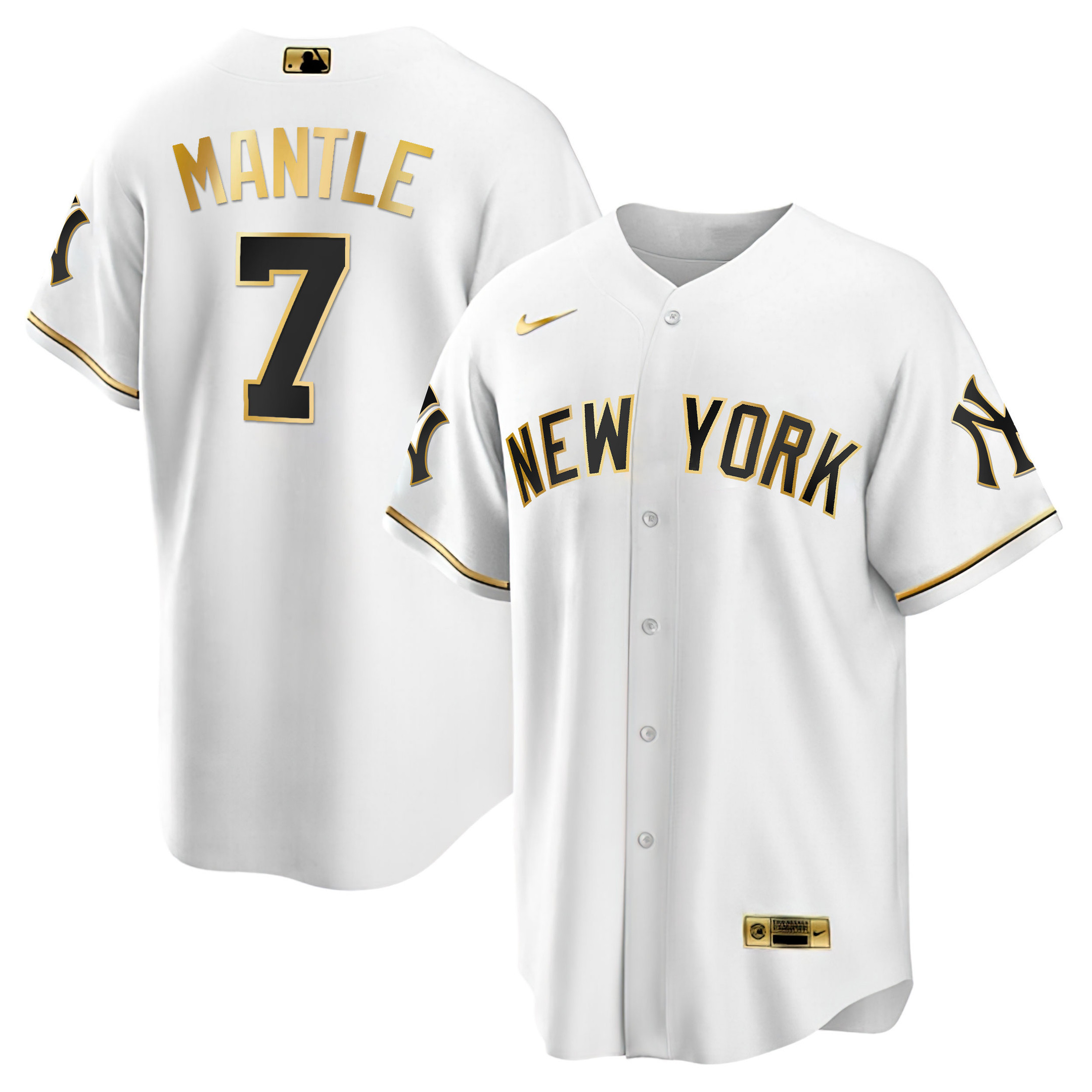 Mickey Mantle Men's New York Yankees White Gold & Black Gold Cool White Jersey - All Stitched