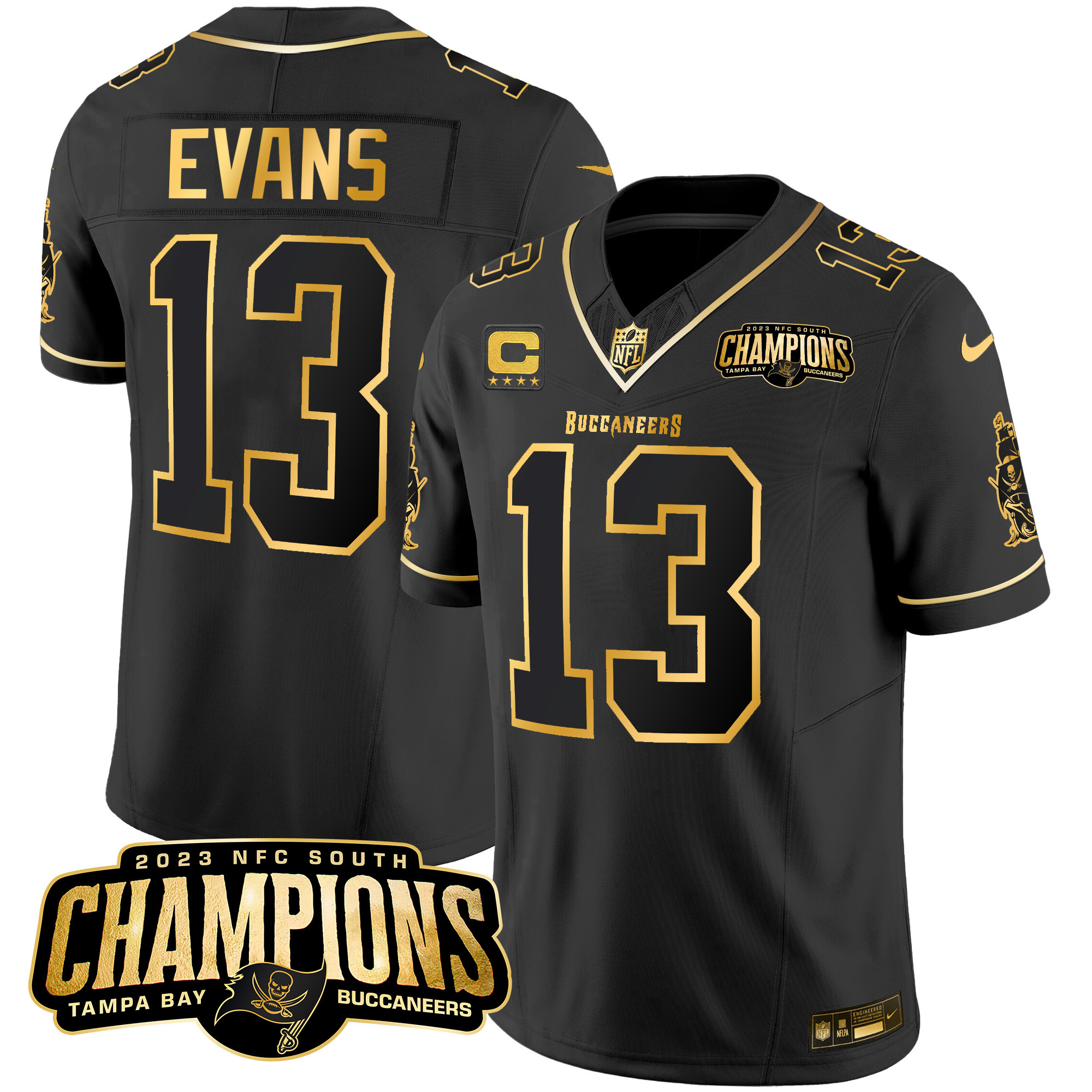 Mike Evans Men's Tampa Bay Buccaneers 2023 NFC South Champions Patch Gold Vapor Black Gold Jersey - All Stitched 