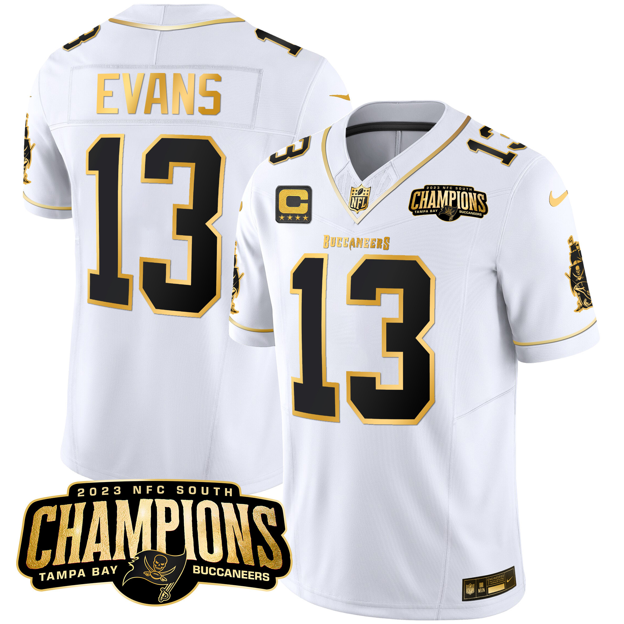 Mike Evans Men's Tampa Bay Buccaneers 2023 NFC South Champions Patch Gold Vapor White Gold Jersey - All Stitched 
